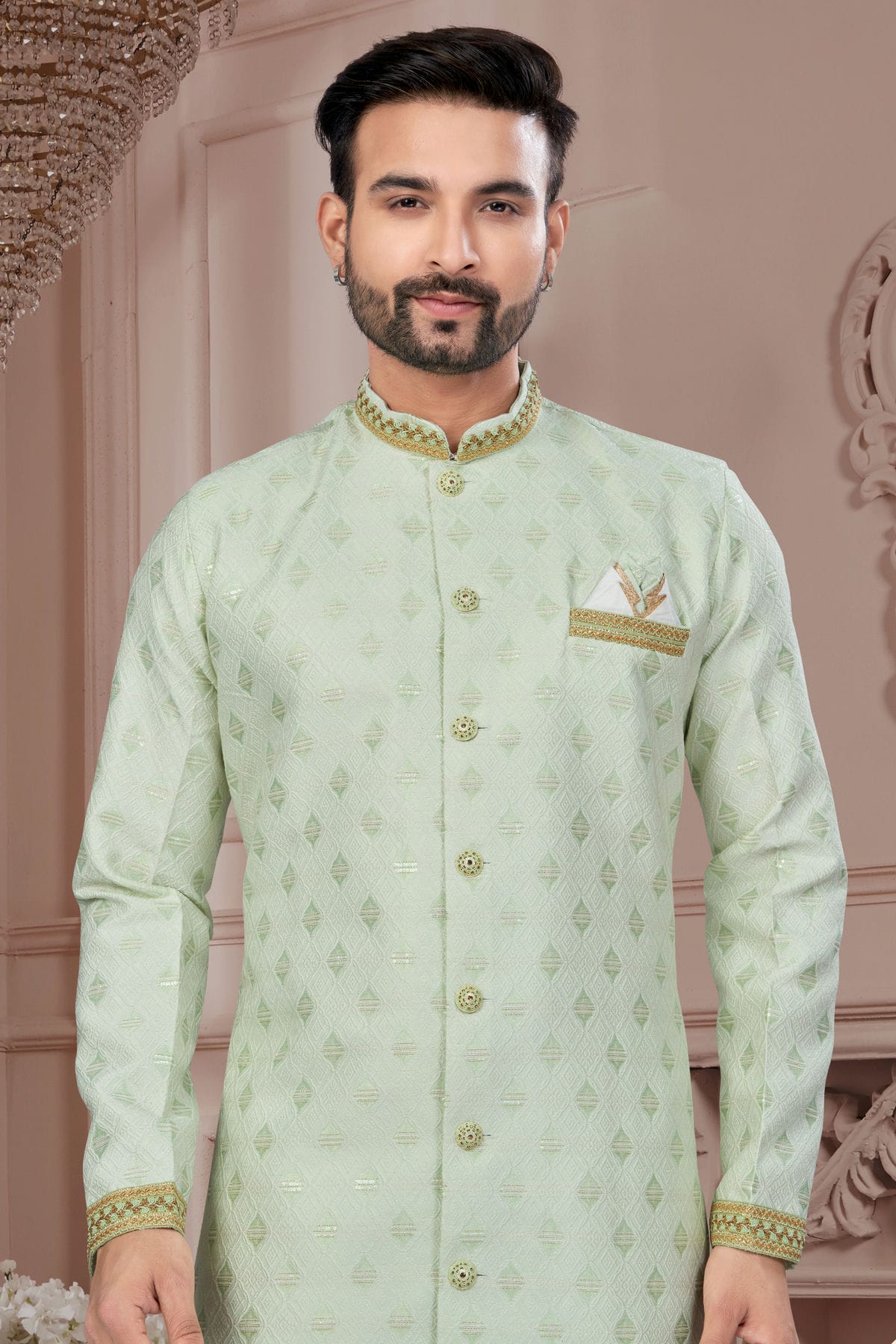 Light Green Colour Silk Dupion Sherwani VSSH1040602