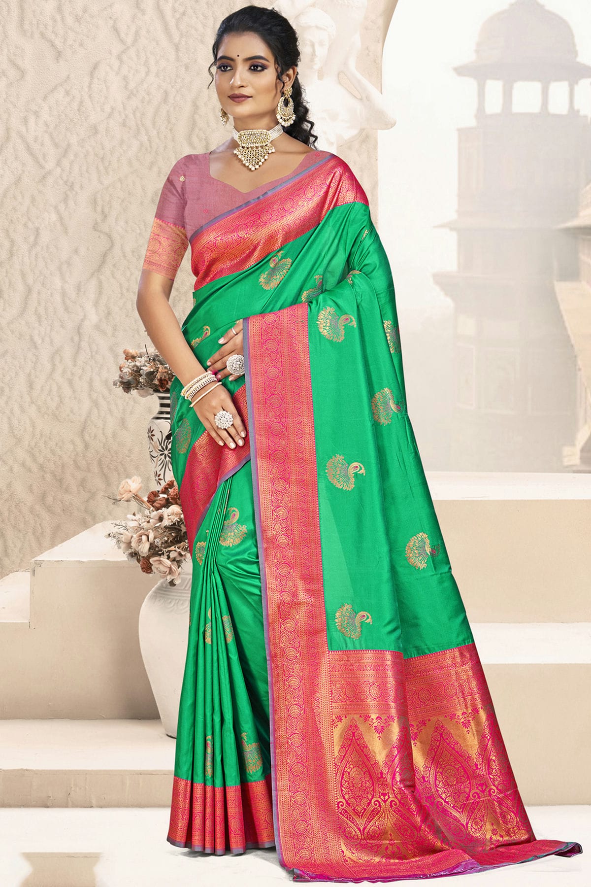 Light Green Colour Silk Woven Work Traditional Saree