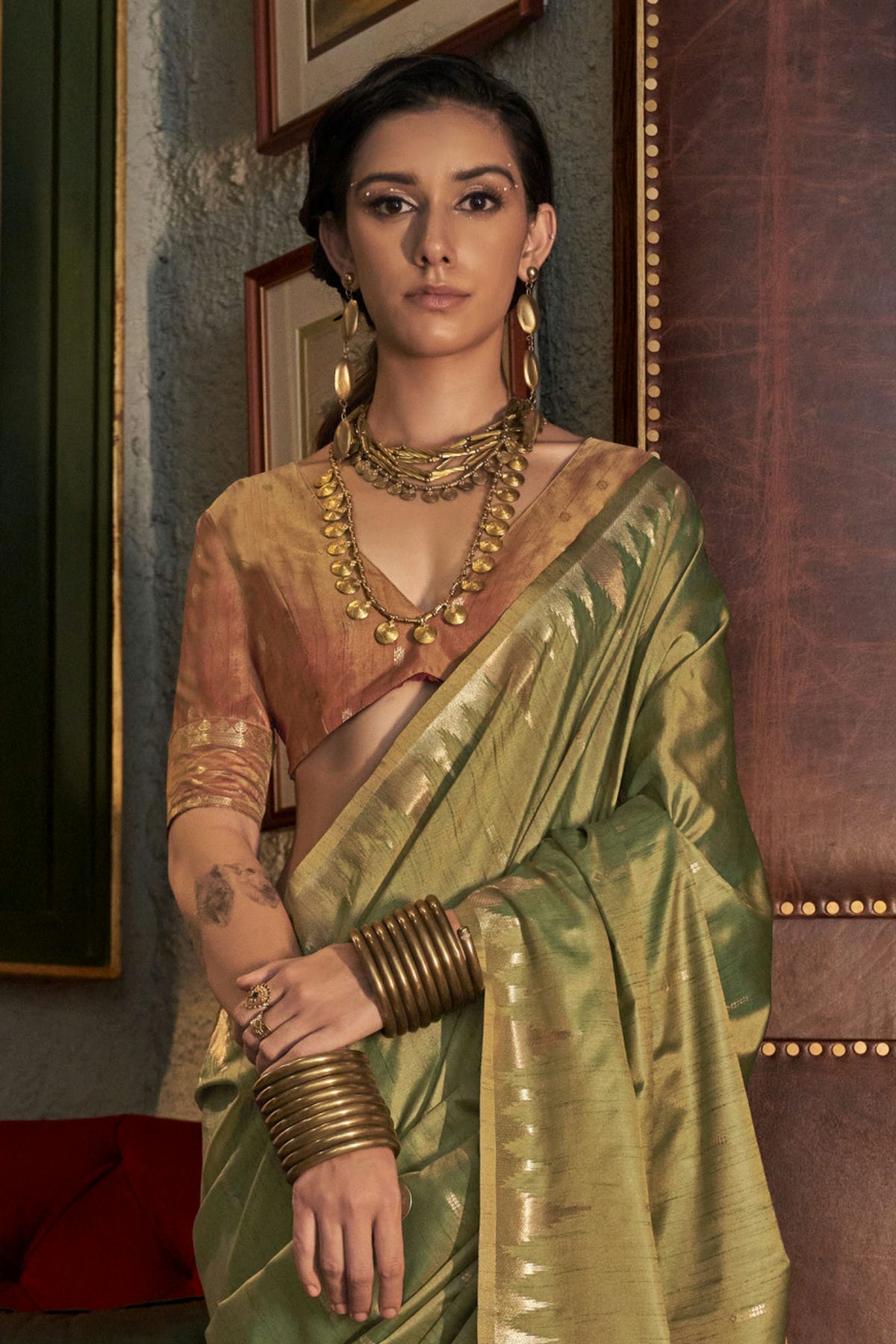 Light Green Colour Tussar Silk Woven Work Saree VSSD1290003