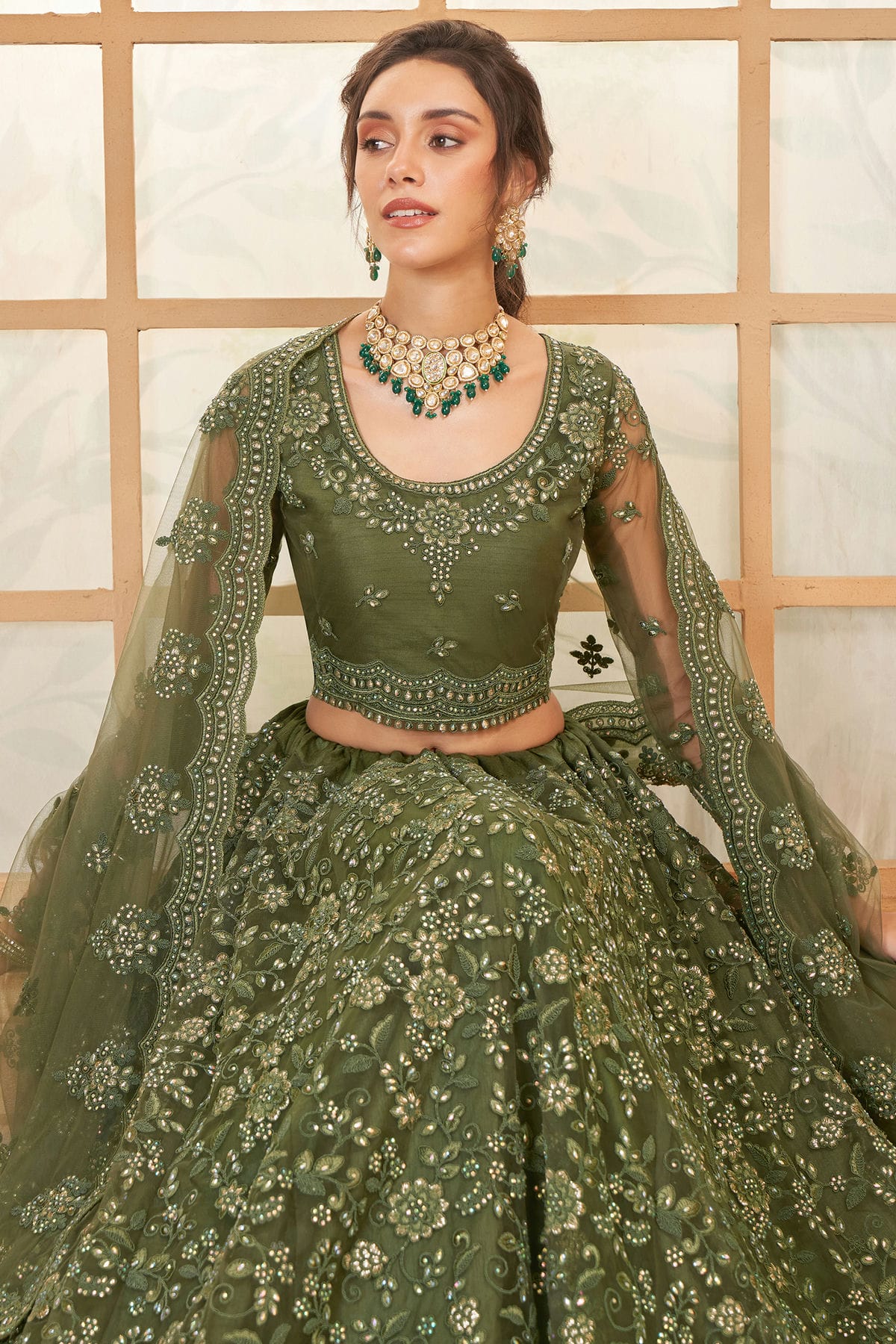 Light Green Embroidery Net and SilK Lehenga Choli VSLC1290141