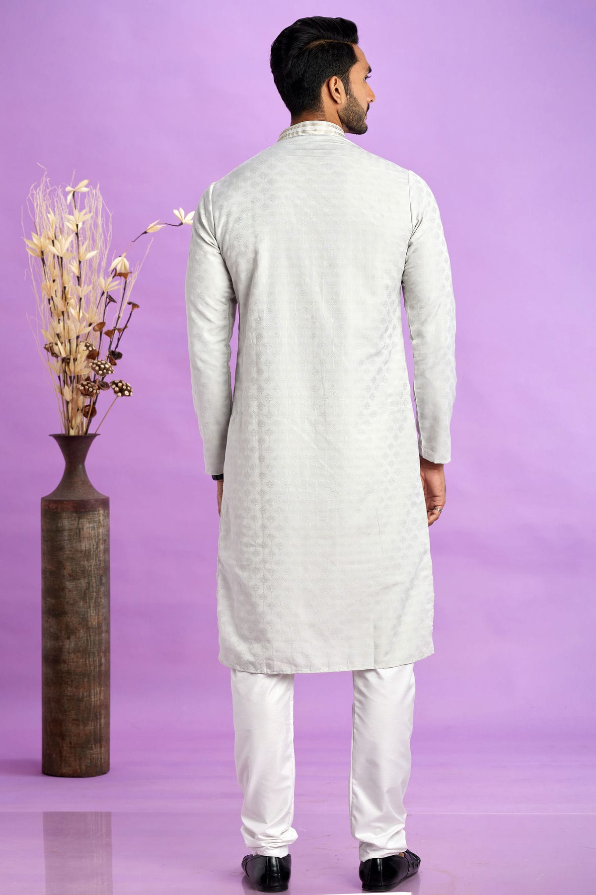 Light Grey Colour Jacquard Art Silk Pintex Work Kurta Pajama VSKP1230202