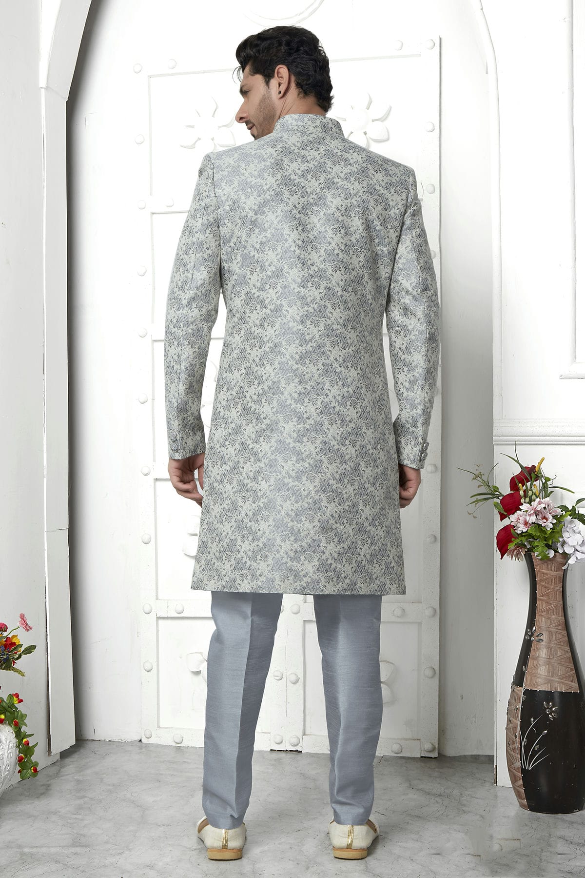 Light Grey Colour Jacquard Silk Indowestern Sherwani With Aligadhi Pant VSSH1230038