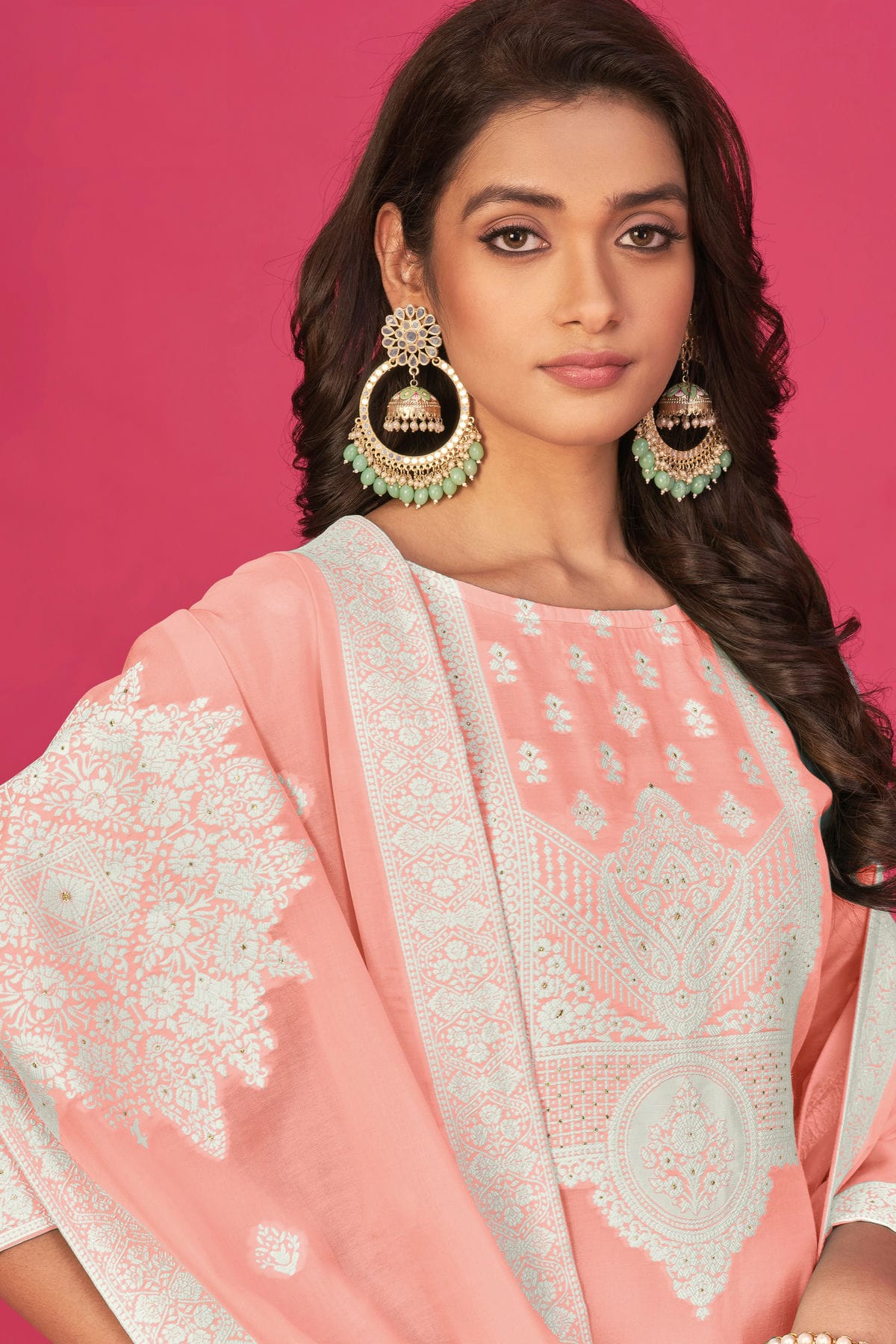 Light Pink Colour Semi Stitched Jacquard Straight Suit VSSM1140196