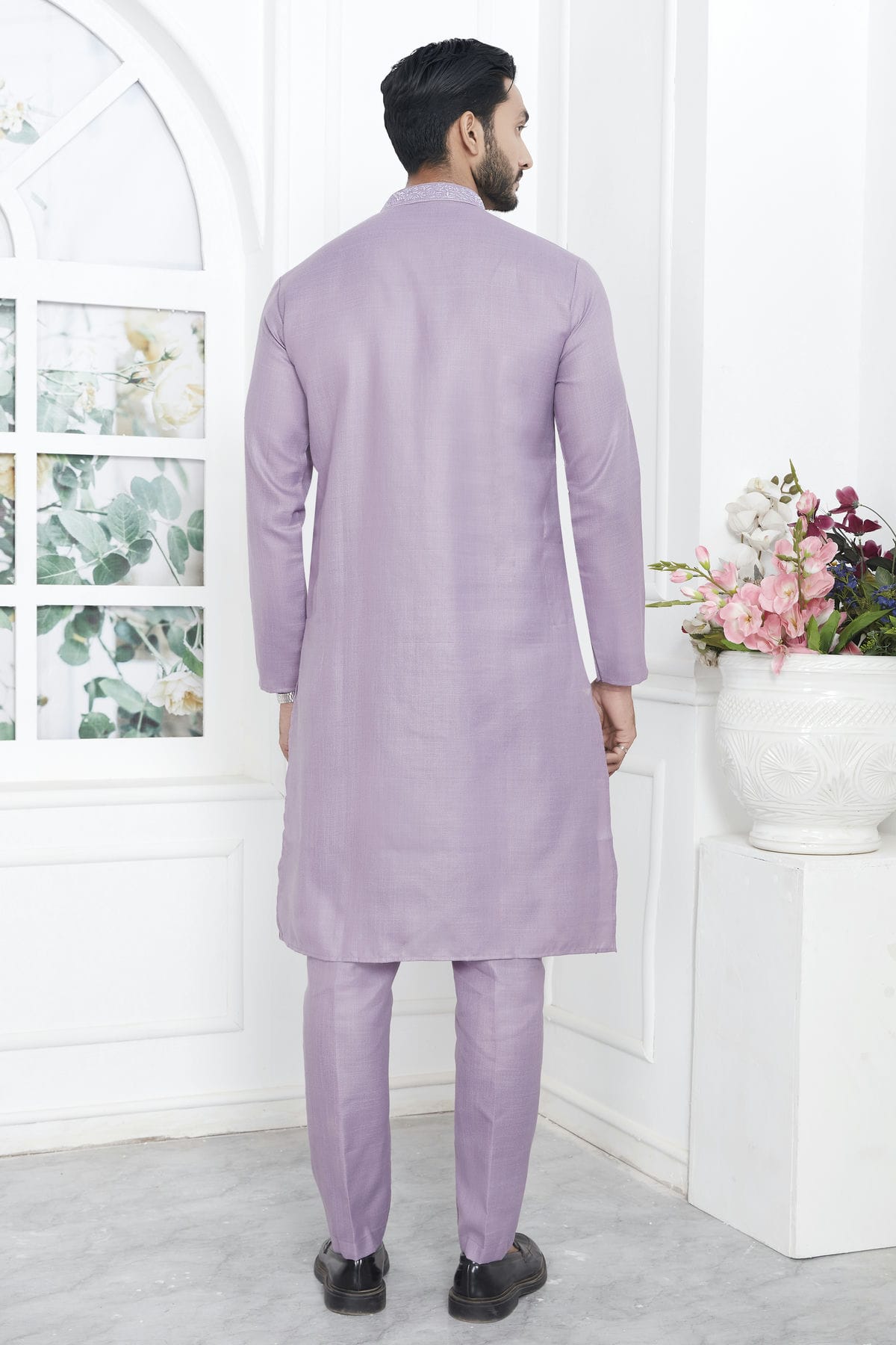 Light Purple Colour Linen Cotton Thread Work Kurta Pajama VSKP1230135