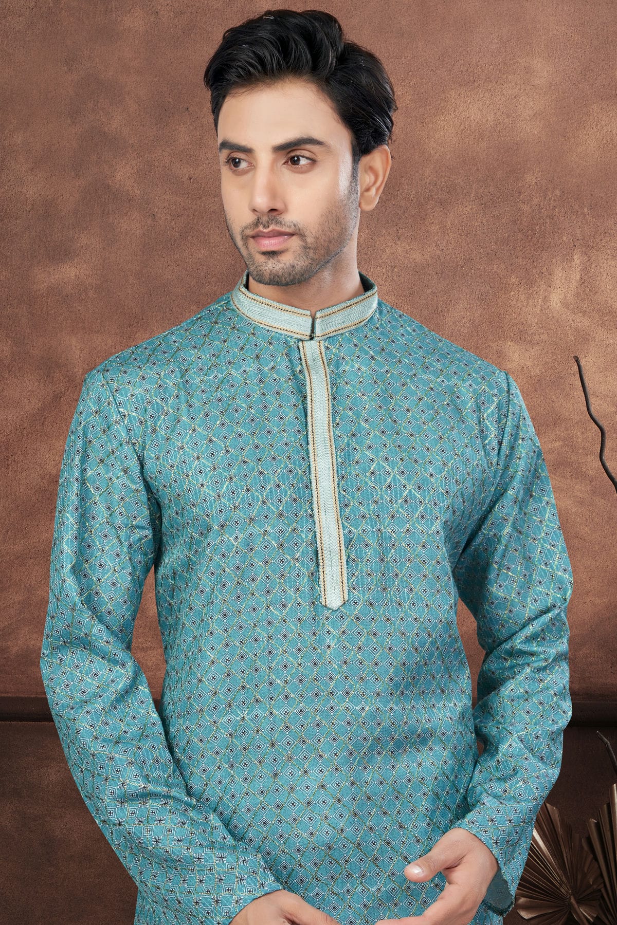 Light Teal Colour Jacquard Kurta Pajama VSKP1040675