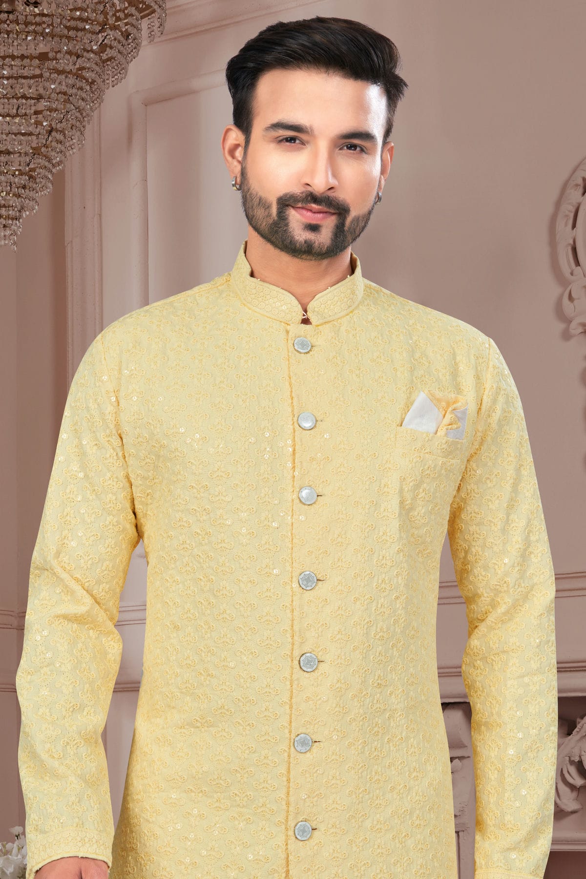 Light Yellow Colour Silk Dupion Sherwani VSSH1040610
