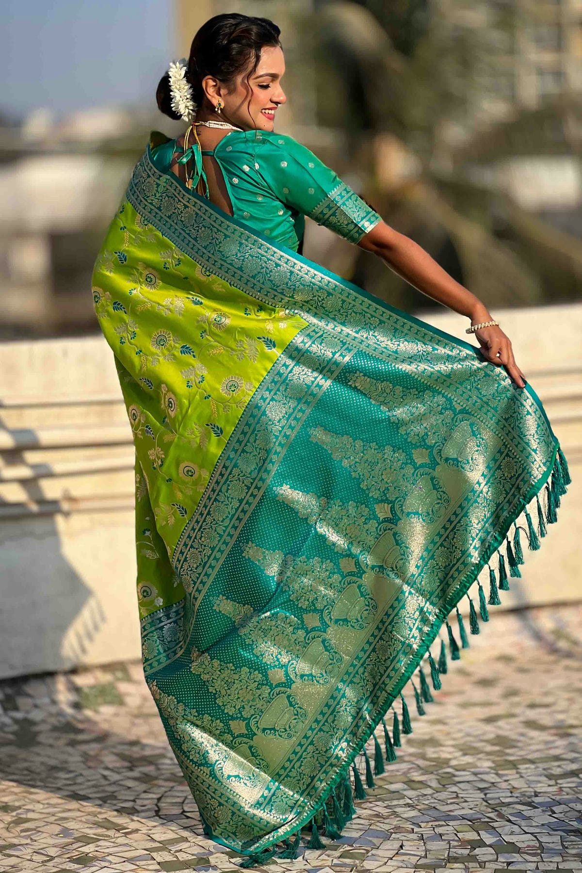 Lime Green Colour Banarasi Silk Meenakari Work Traditional Saree VSSD1113554