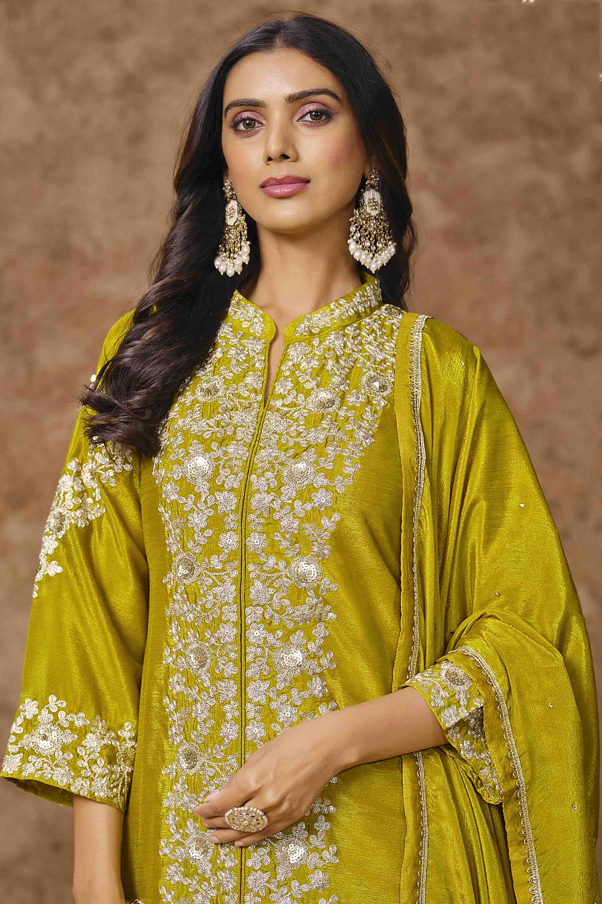 Lime Green Colour Chinon Semi Stitched Palazzo Pant Suit VSSM1050705
