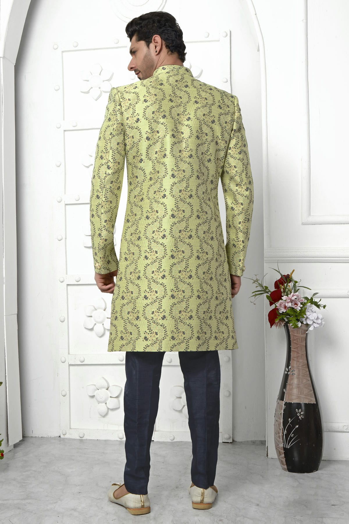 Lime Green Colour Jacquard Silk Indowestern Sherwani With Aligadhi Pant VSSH1230037