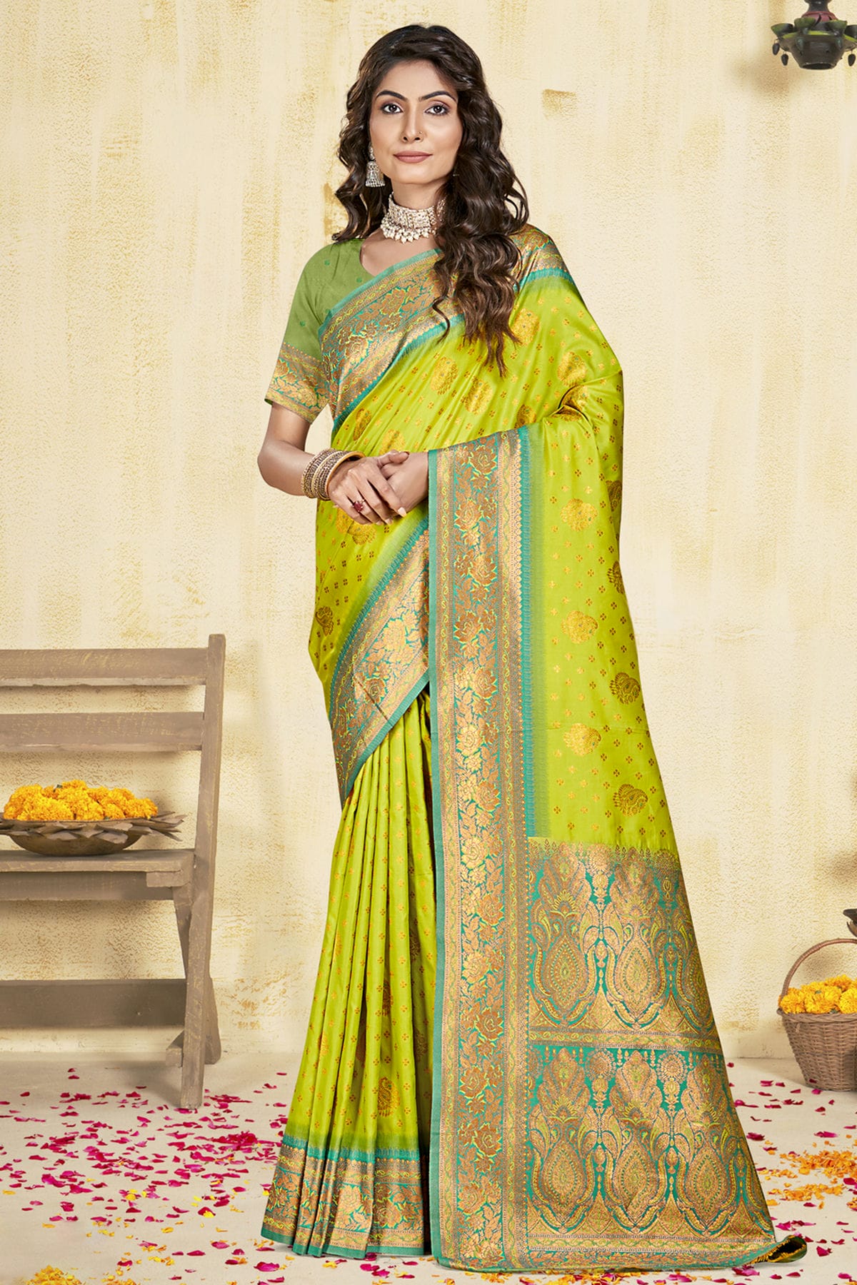 Lime Green Colour Silk Woven Work Traditional Saree