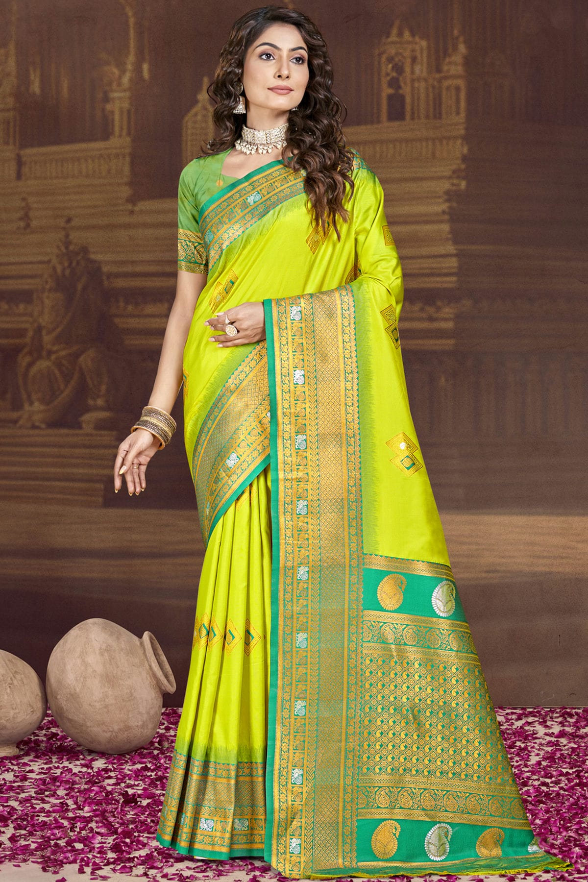 Lime Green Colour Silk Woven Work Traditional Saree