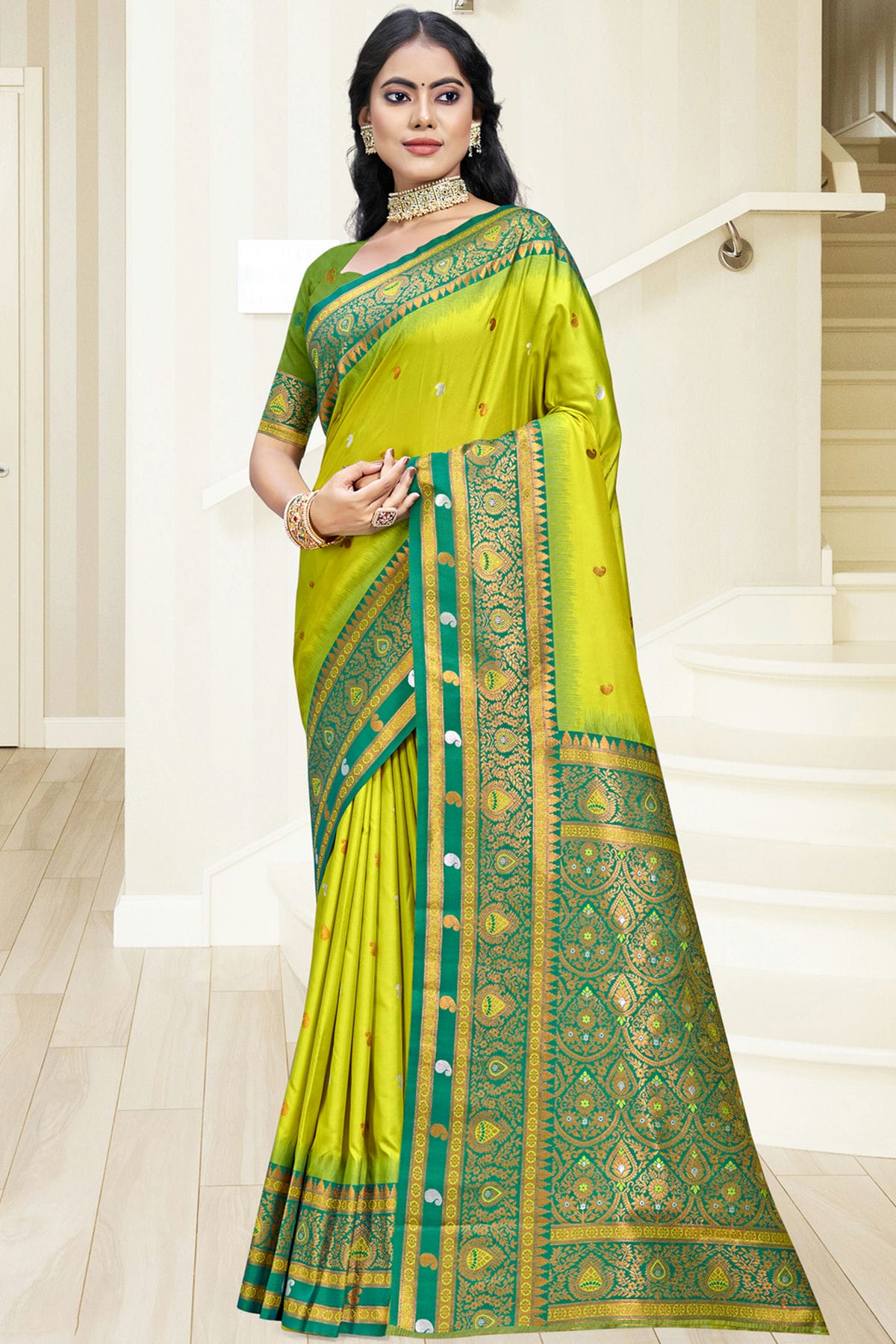 Lime Green Colour Silk Woven Work Traditional Saree
