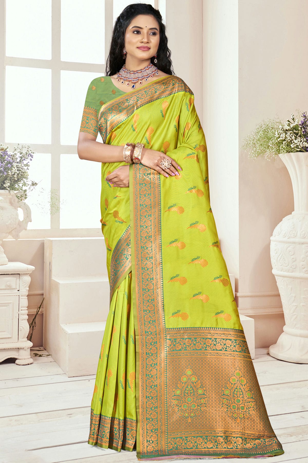Lime Green Colour Silk Woven Work Traditional Saree