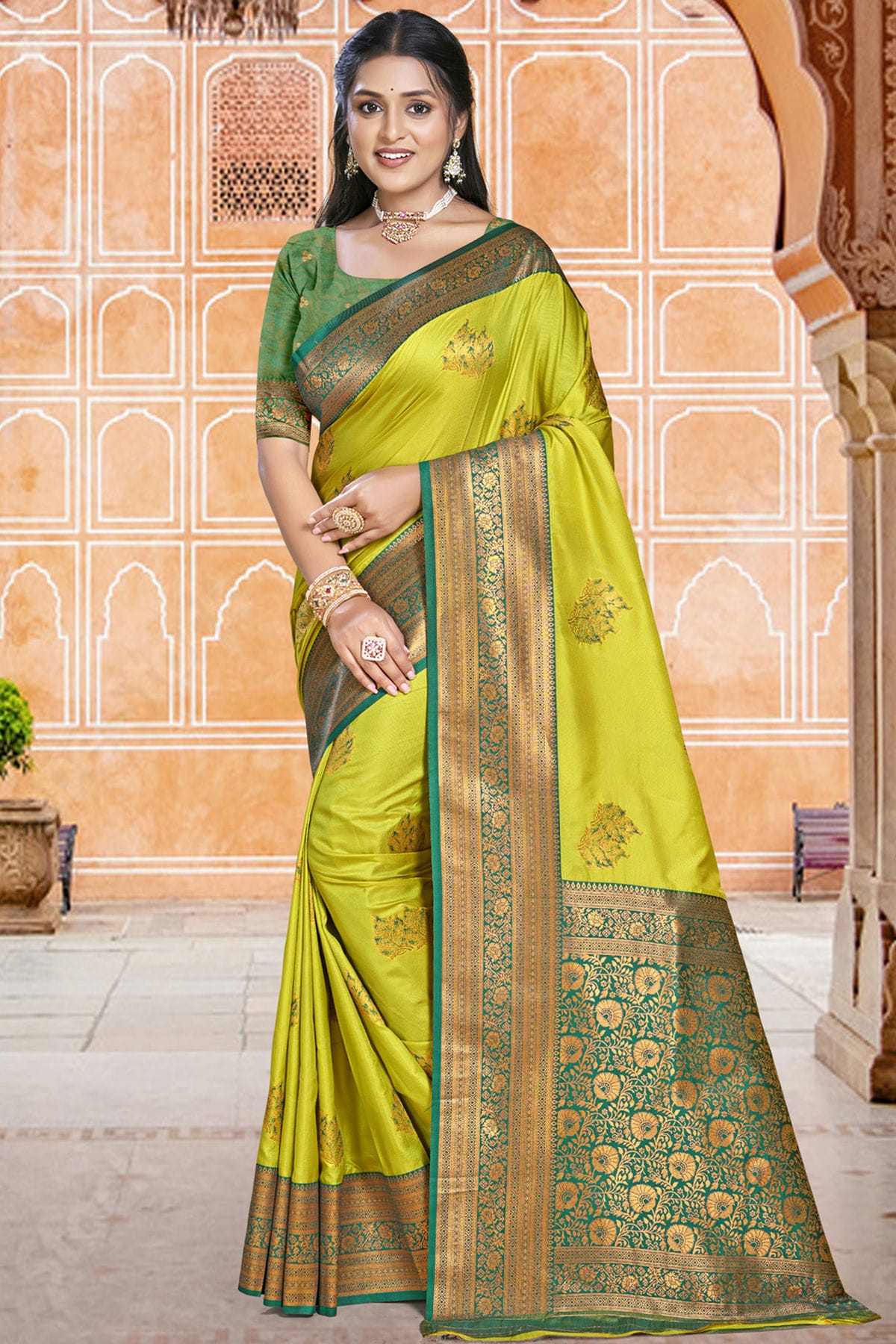 Lime Green Colour Silk Woven Work Traditional Saree