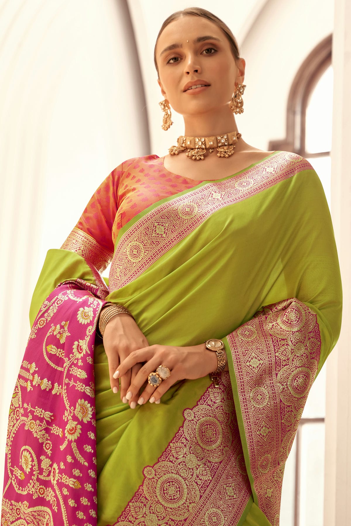 Lime Green Colour Soft Silk Woven Work Saree VSSD1290072