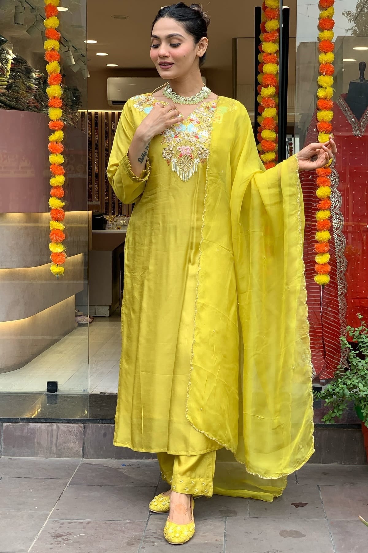 Lime Yellow Colour Embroidery Chanderi Silk Stitched Suit
