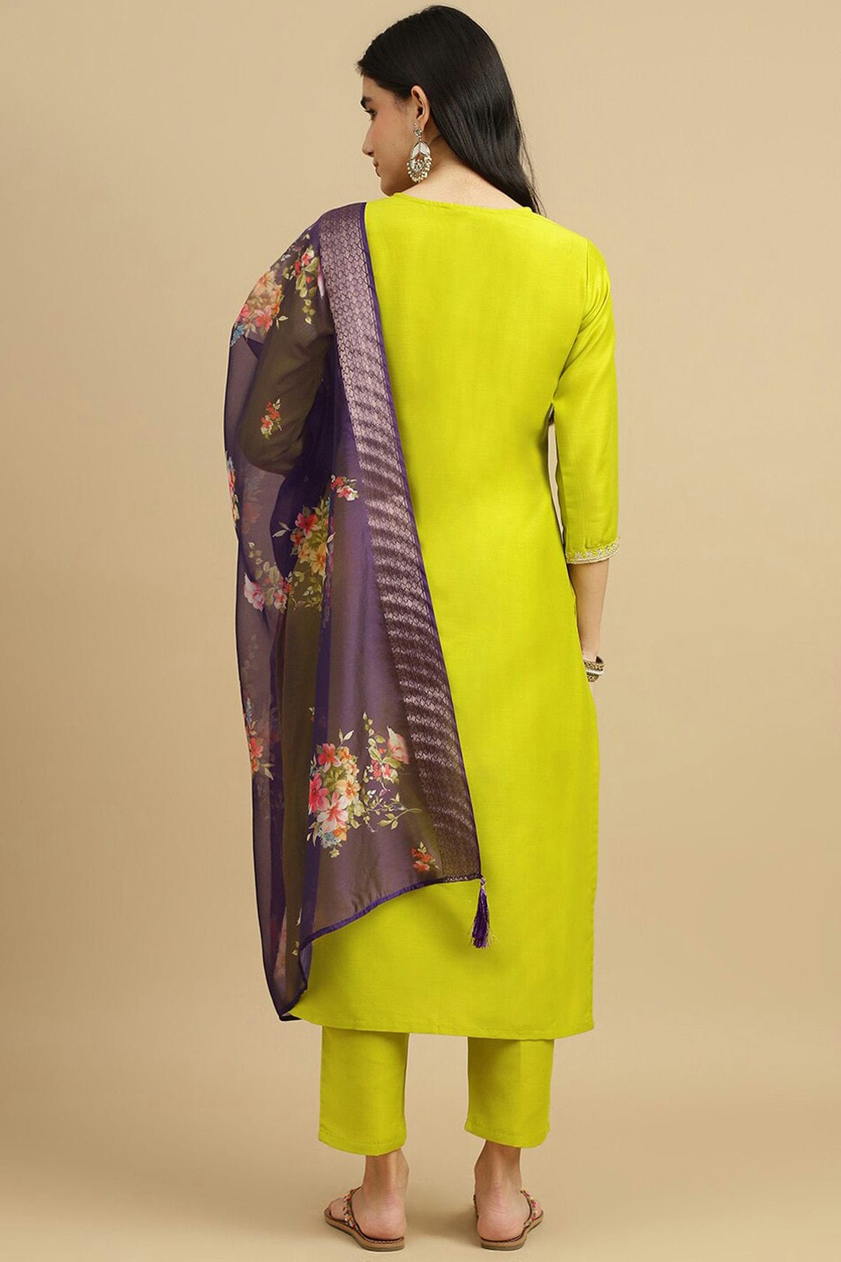 Lime Yellow Colour Embroidery Chinon Stitched Suit