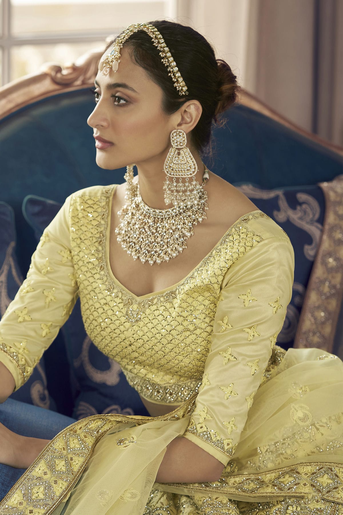 Lime Yellow Colour Embroidery Crepe Lehenga Choli VSLD1080789