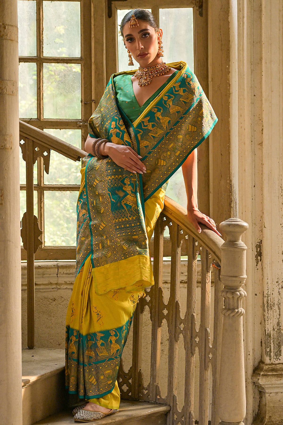 Lime Yellow Colour Woven Work Banarasi Silk Saree