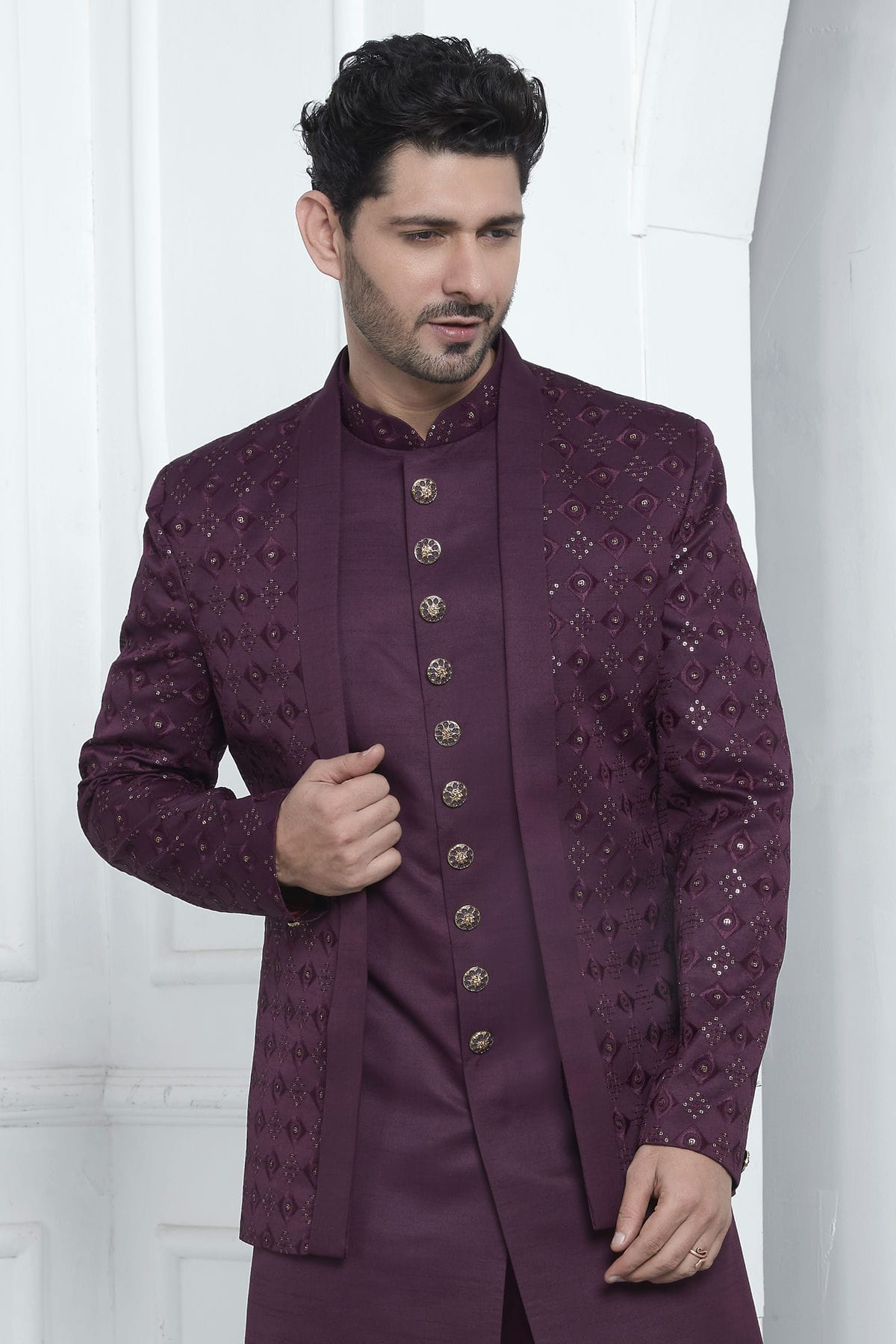 Magenta Colour Art Silk Indowestern Sherwani With Aligadhi Pant VSSH1230021
