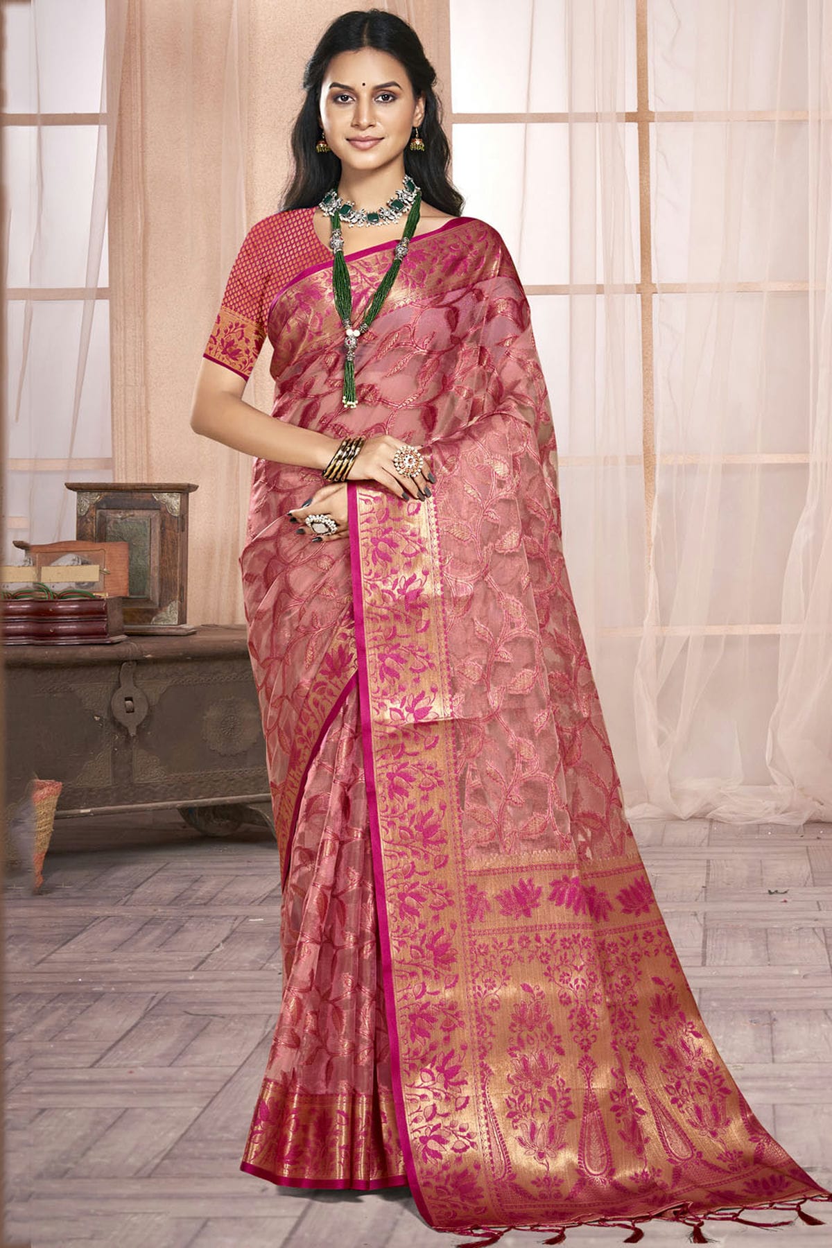 Magenta Colour Organza Traditional Saree