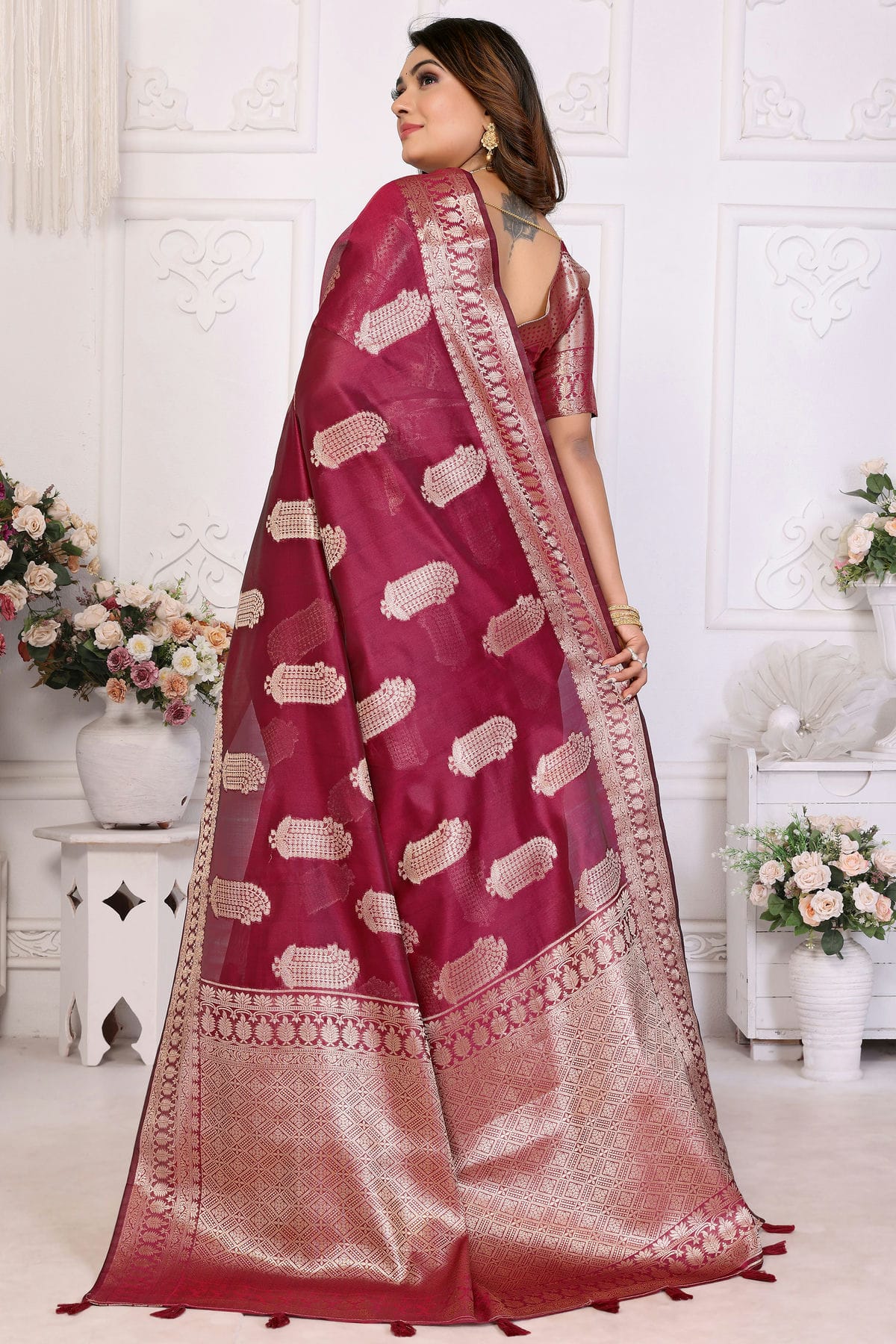 Magenta Colour Organza Traditional Saree