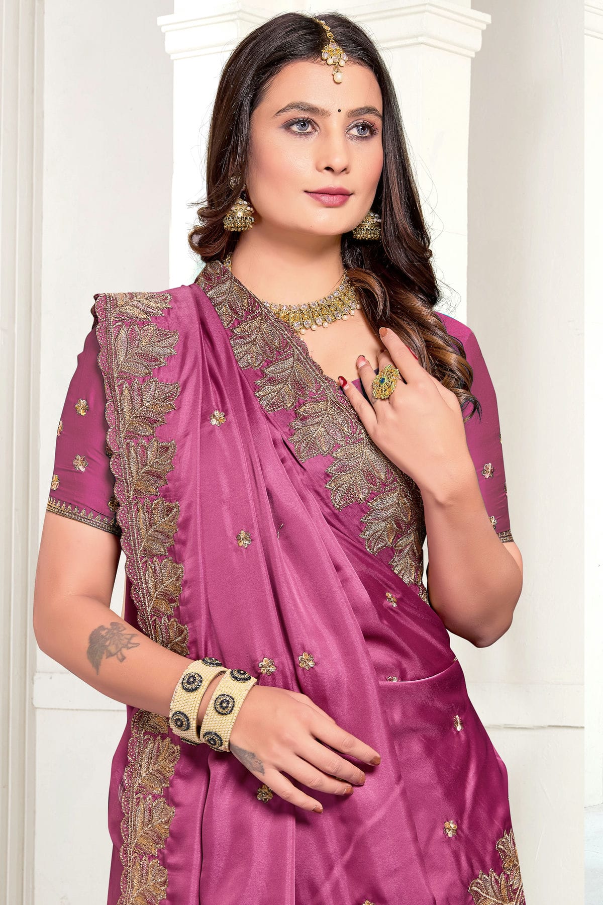 Magenta Colour Satin Designer Saree