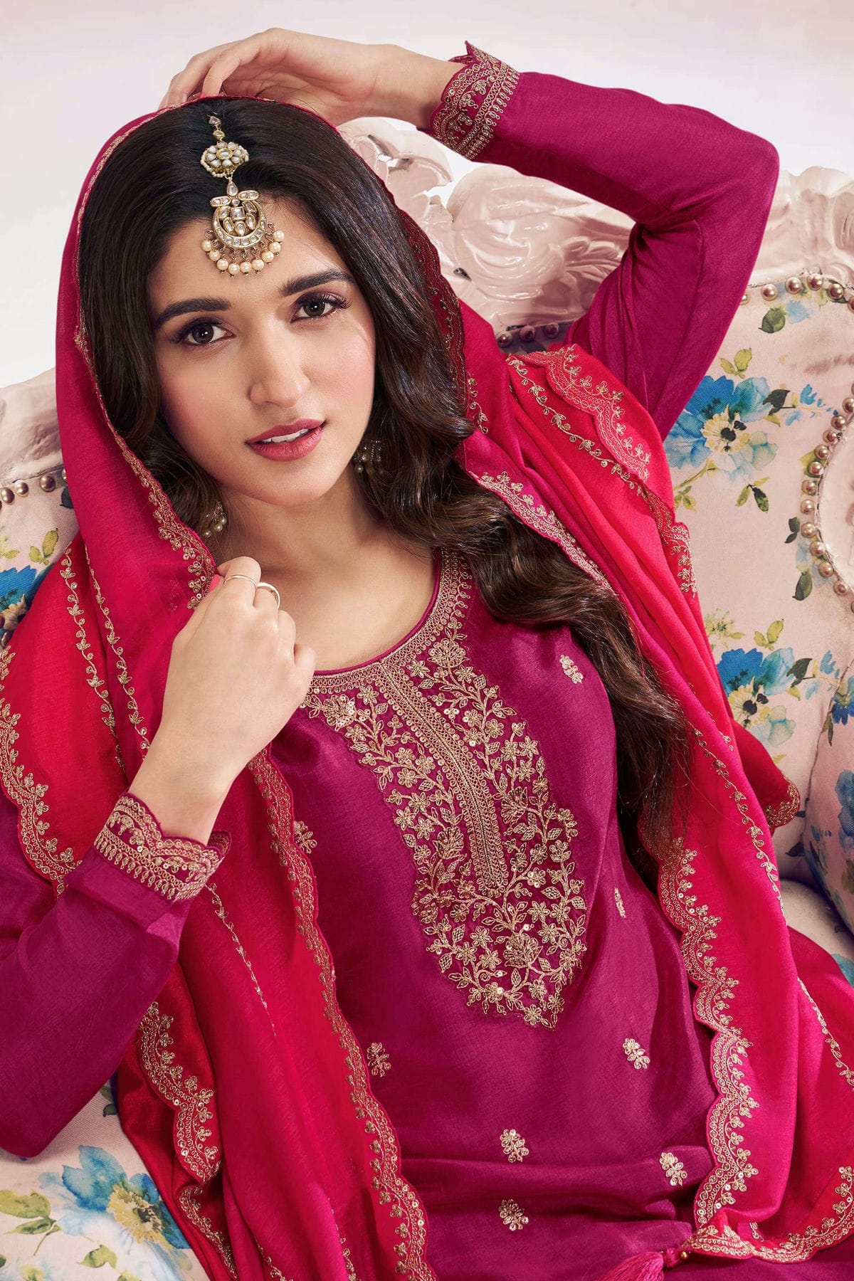 Magenta Colour Semi Stitched Vichitra Silk Palazzo Pant Suit VSSM1140496