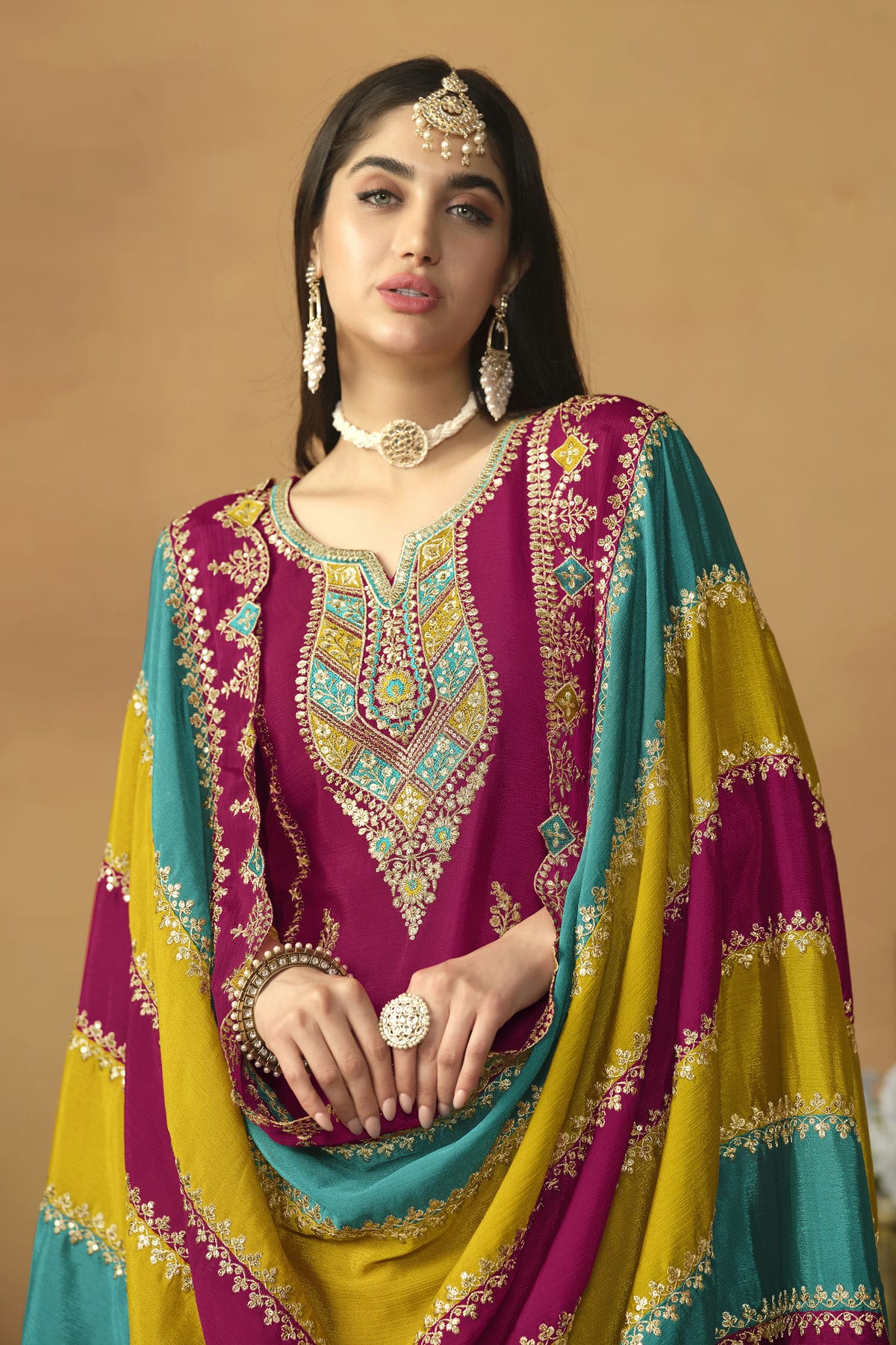 Magenta Colour Straight Suit Chinon Silk Semi Stitched VSSM1050497