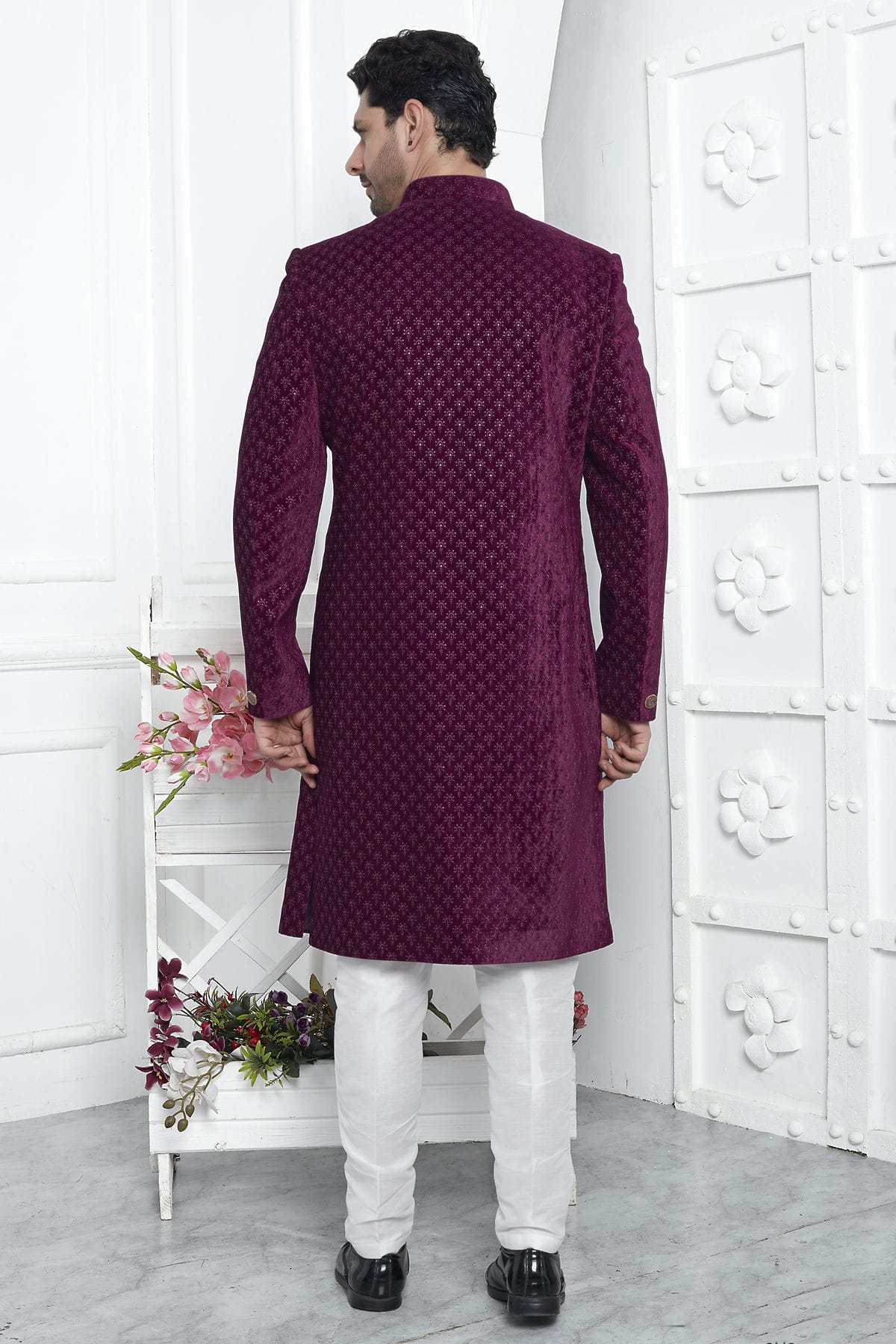Magenta Colour Velvet Silk Indowestern Sherwani With Aligadhi Pant VSSH1230026