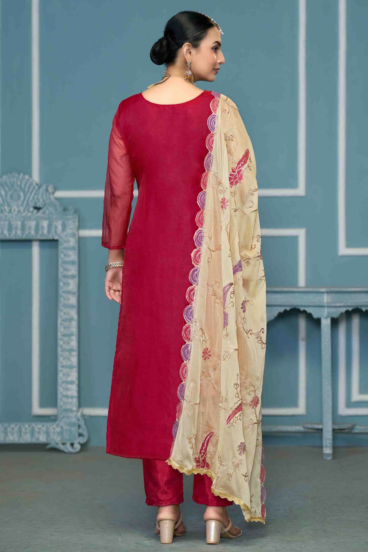 Magenta Colour Viscose Organza Pant Style Suit VSSM1113263