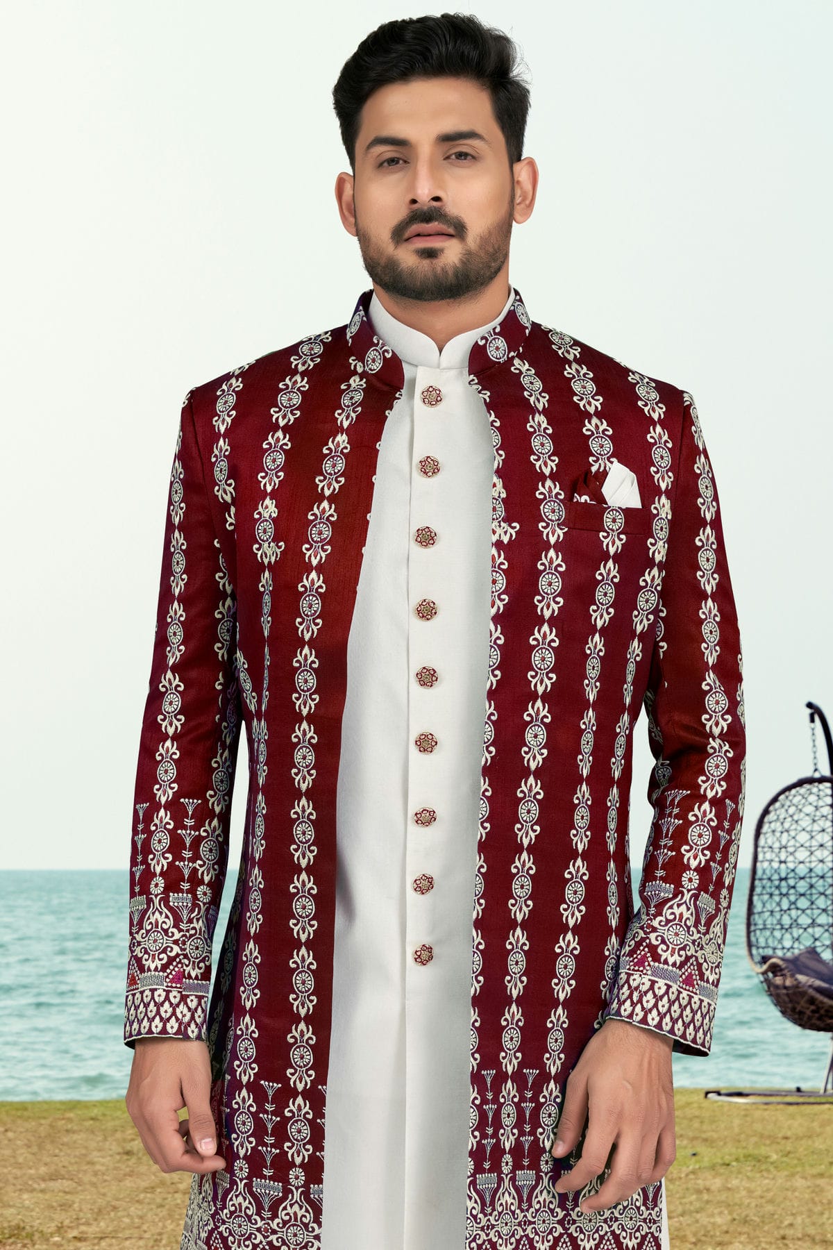 Maroon Colour Banarasi Silk Sherwani VSSH1040530