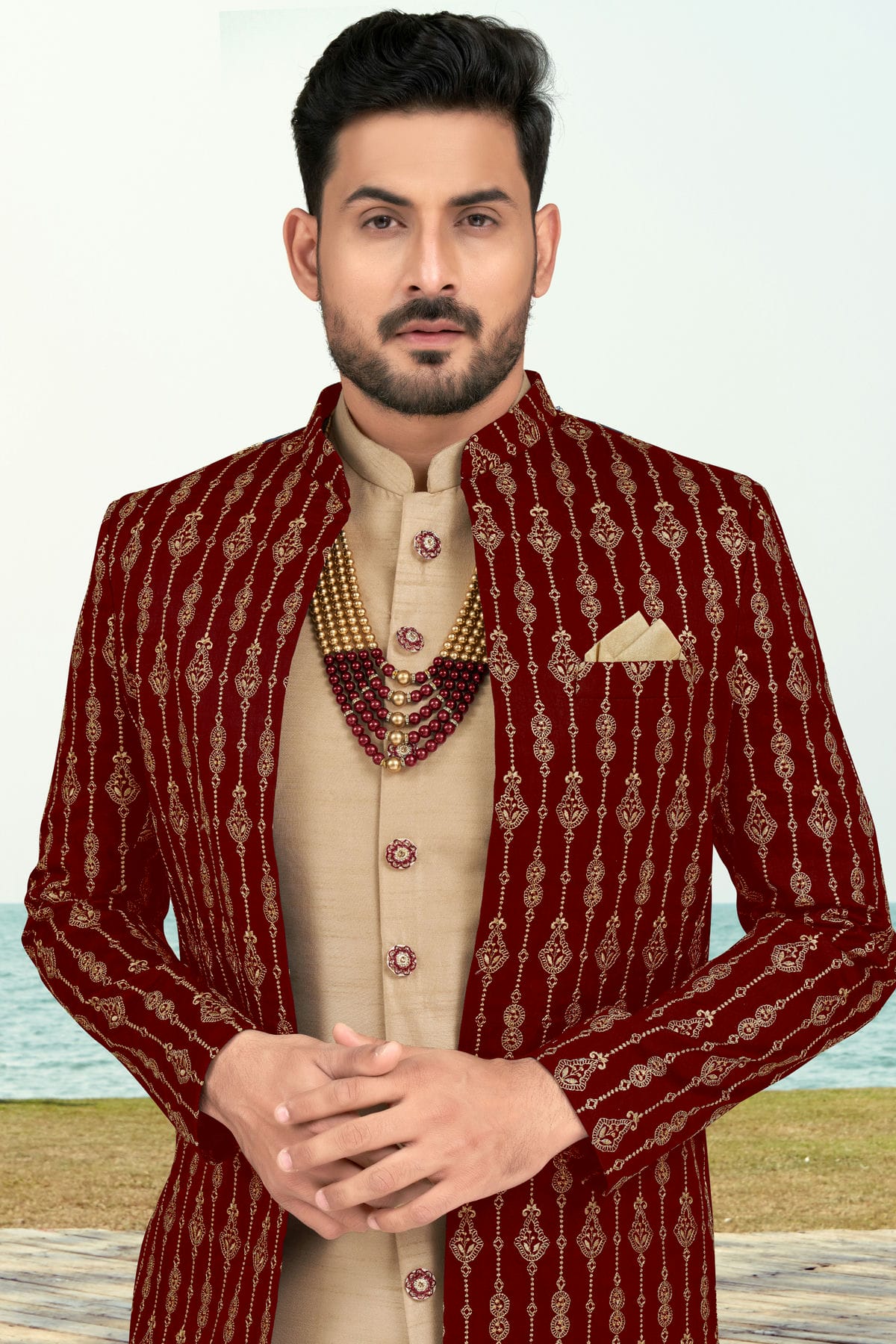 Maroon Colour Banarasi Silk Sherwani VSSH1040533