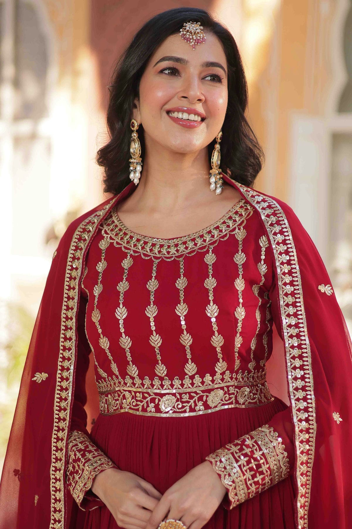 Maroon Colour Faux Georgette Stitched Gown VSGW1113010