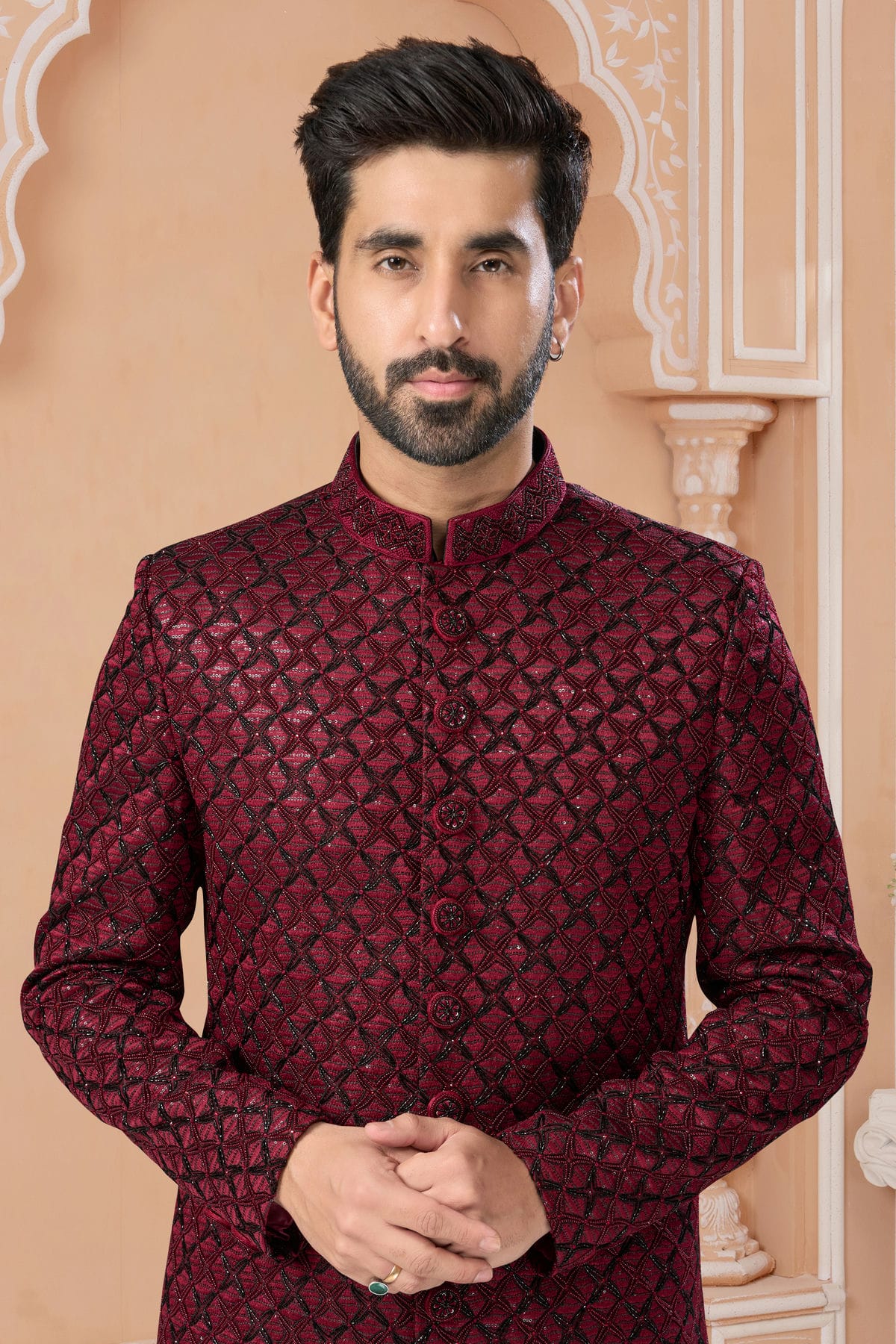 Maroon Colour Jacquard Sherwani VSSH1040574
