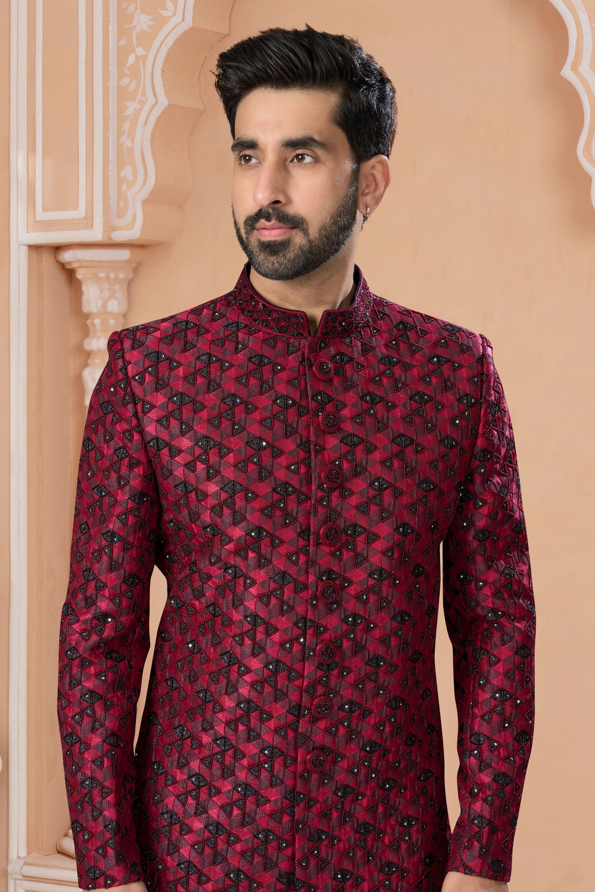 Maroon Colour Jacquard Sherwani VSSH1040578