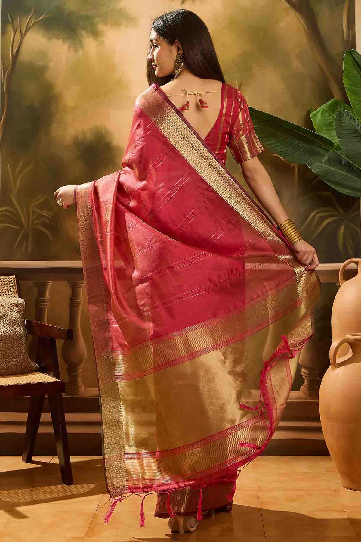 Maroon Colour Khadi Organza Traditional Saree VSSD1113877