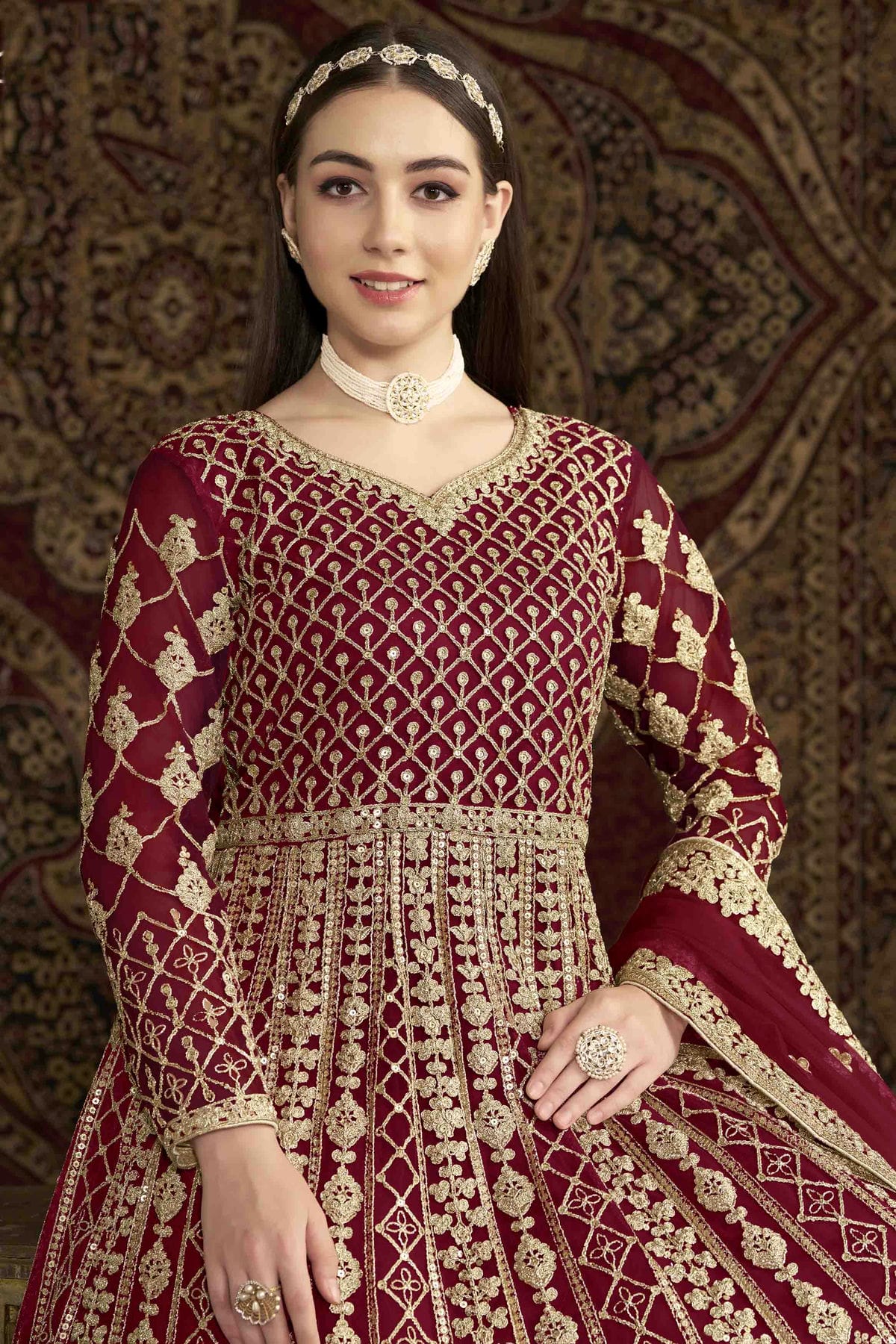 Maroon Colour Net Semi Stitched Anarkali Suit VSSM1050696
