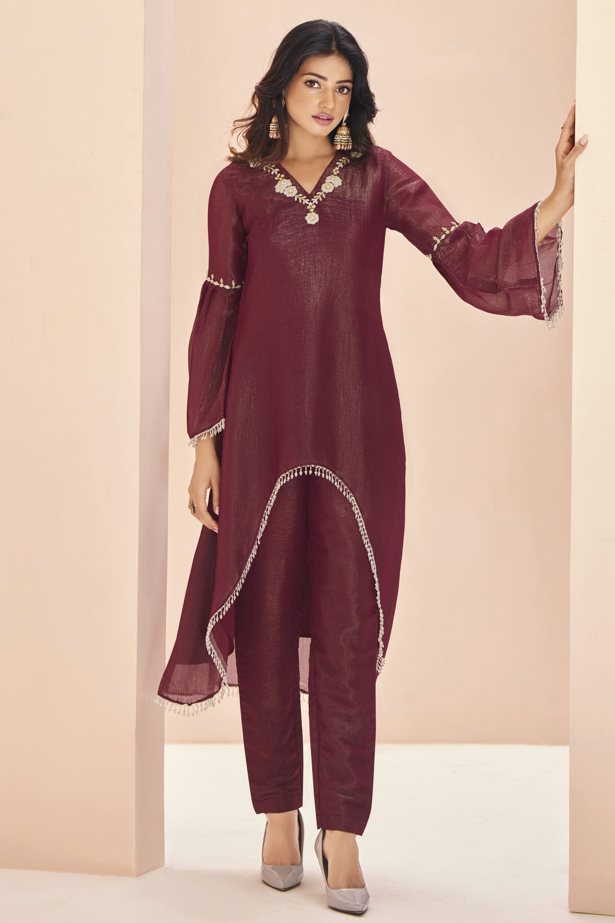 Shop Online Maroon Organza Indo Western Dress XS / Organza / Maroon Shop Online Maroon Organza Indo Western Dress XS / Organza / Maroon