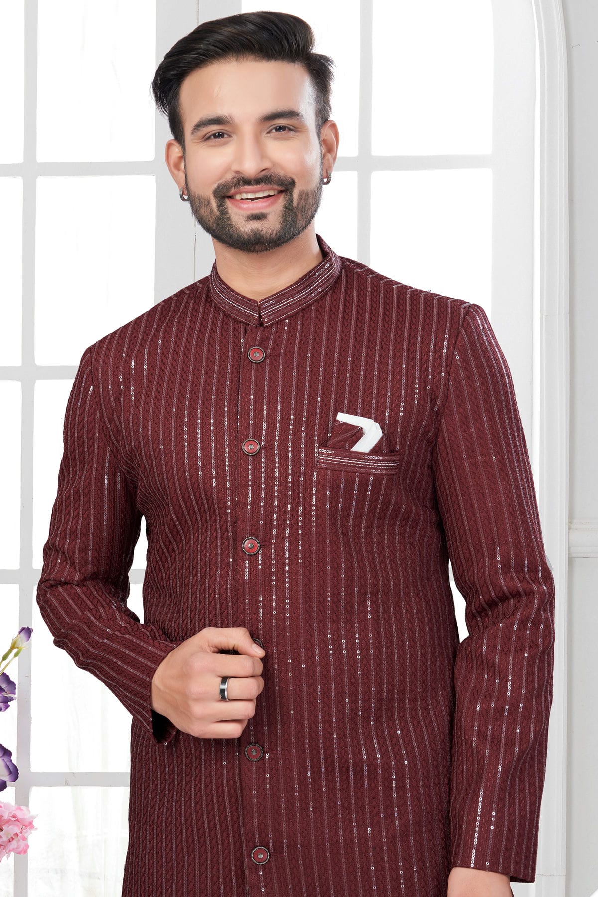 Maroon Colour Silk Dupion Dhoti Sherwani VSSH1040631