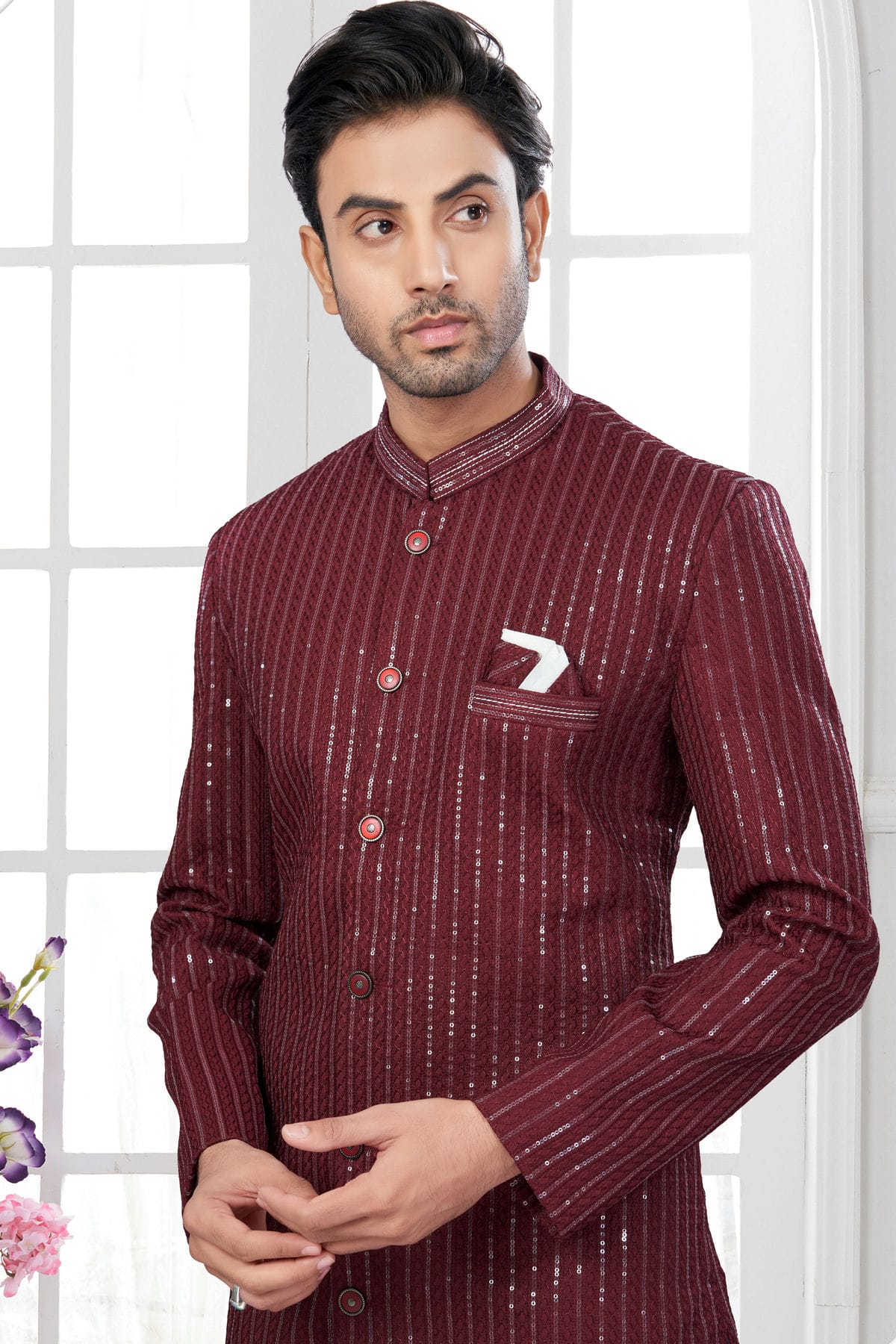 Maroon Colour Silk Dupion Sherwani VSSH1040636