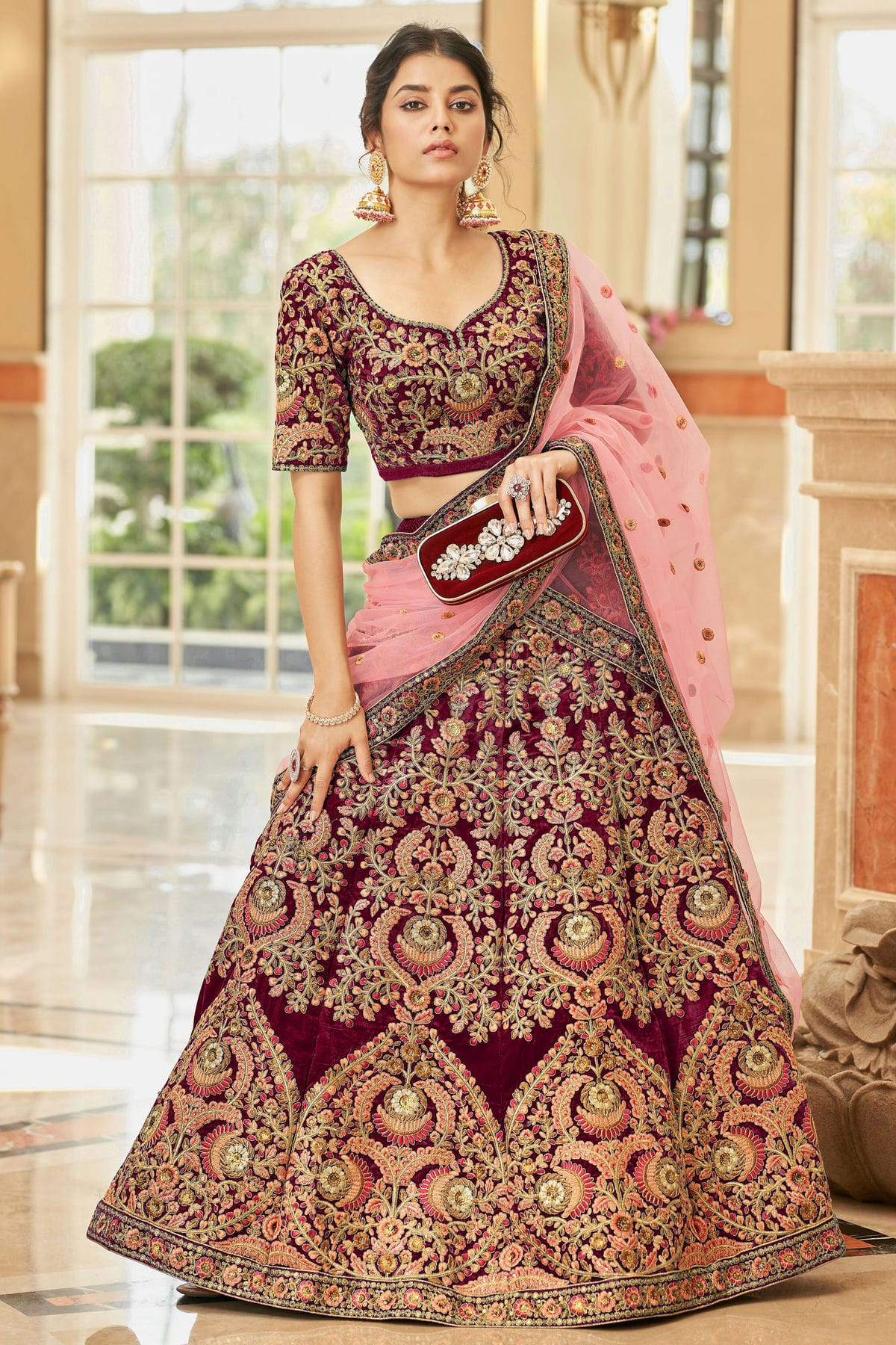 Maroon Colour Velvet Lehenga Choli VSLC1010276