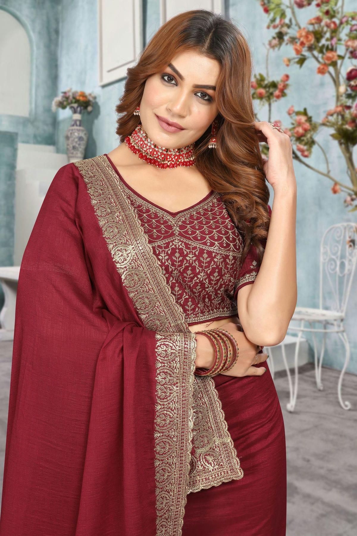 Maroon Colour Vichitra Bloming Designer Saree