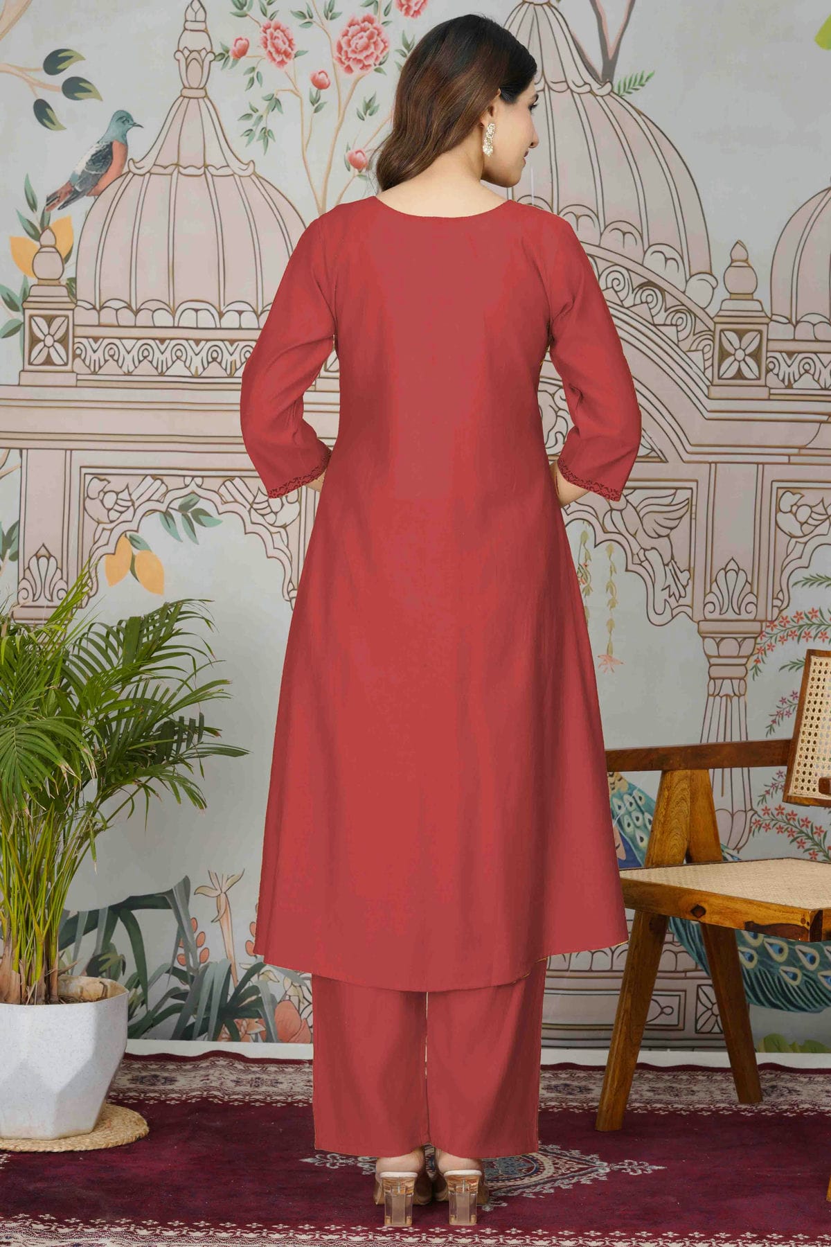 Maroon Colour Viscose Roman Silk Stitched Top and Bottom VSSS1113947