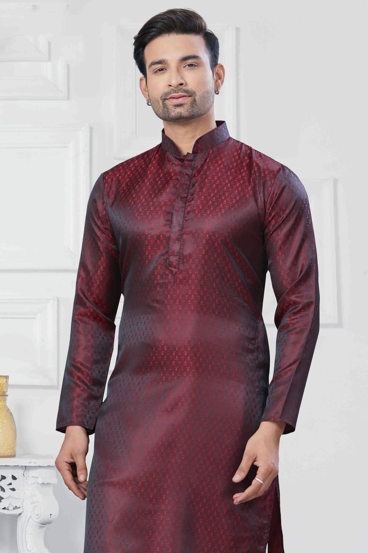Maroon Colour Woven Jacquard Silk Kurta Pajama VSKP1113452