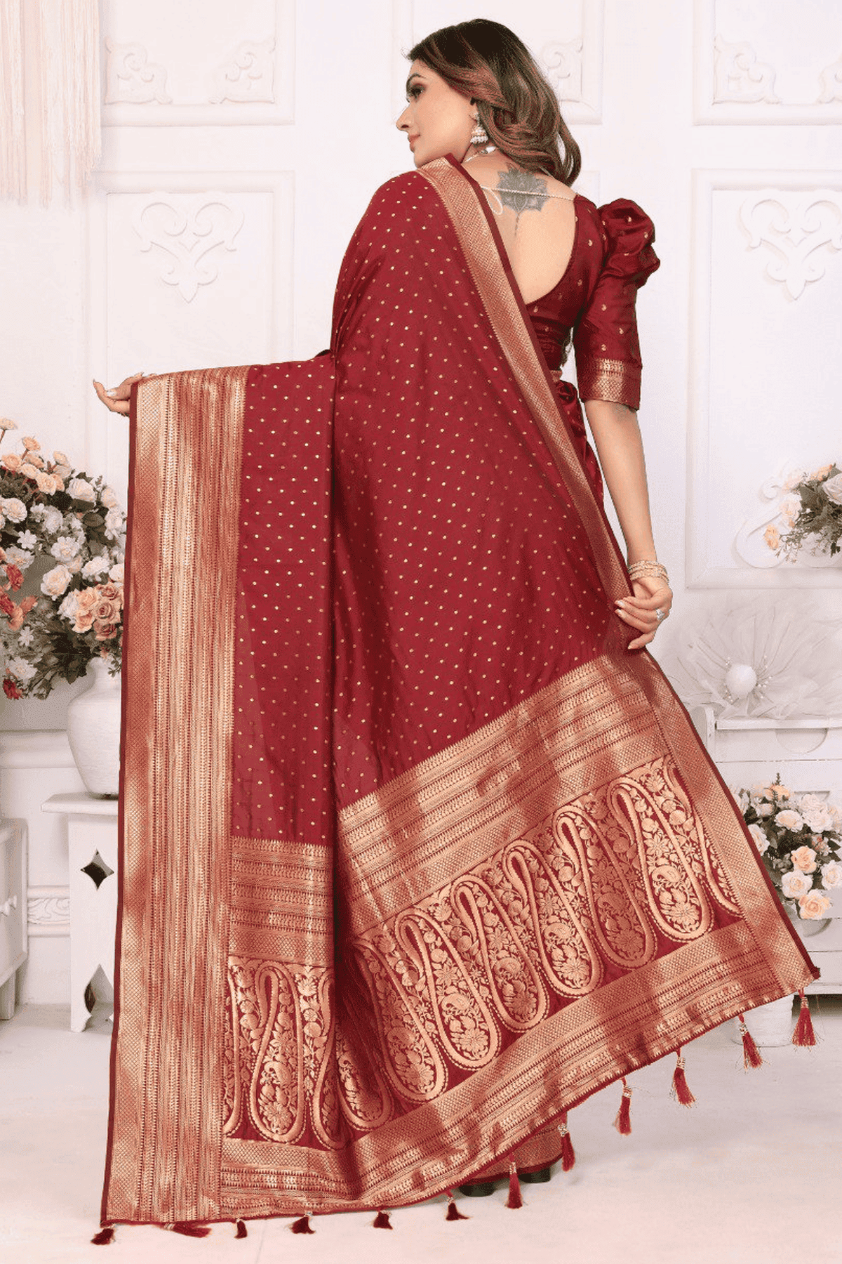 Maroon Colour Woven Work Soft Silk Traditional Saree