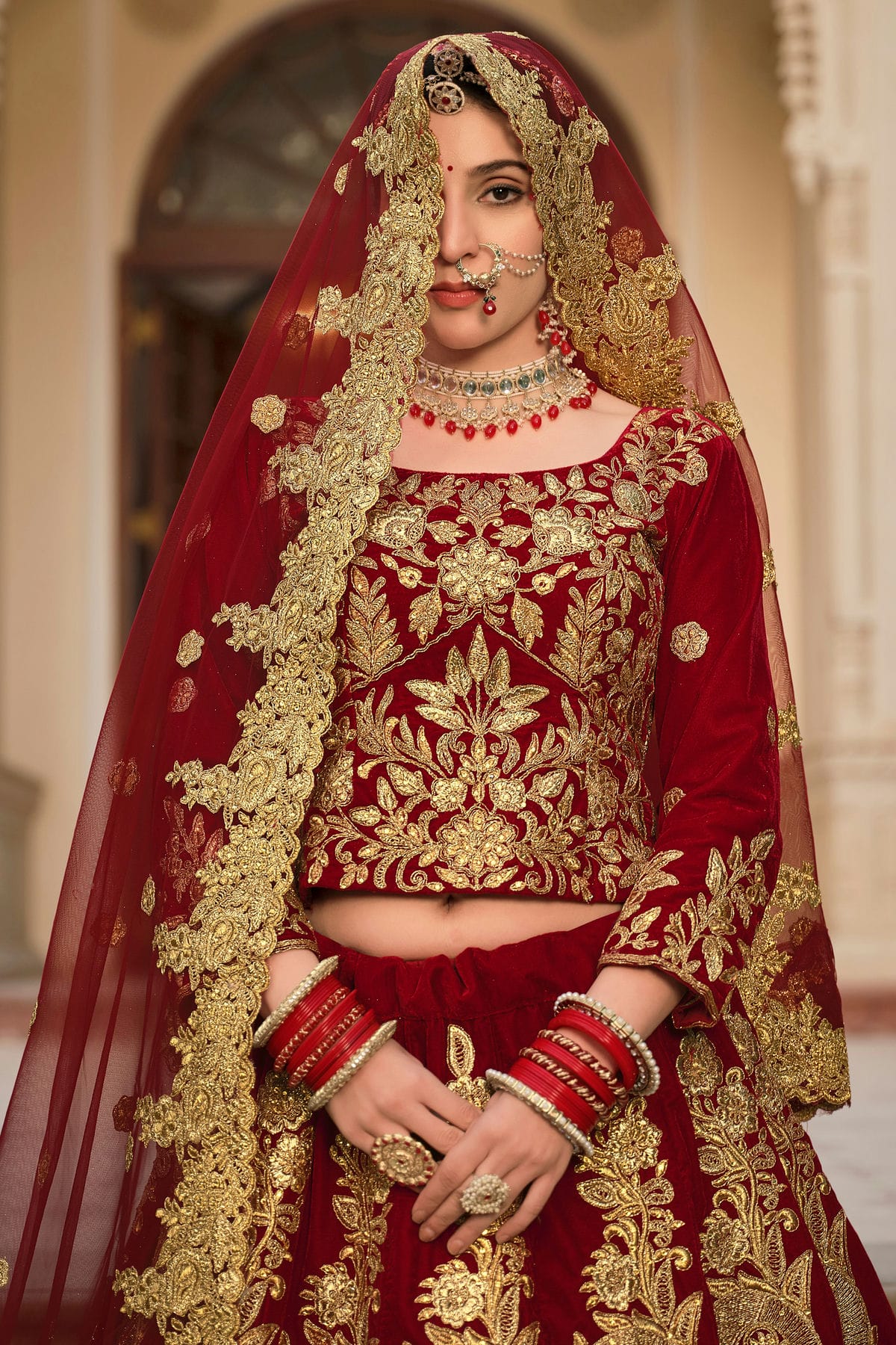 Maroon Embroidery Velvet Lehenga Choli