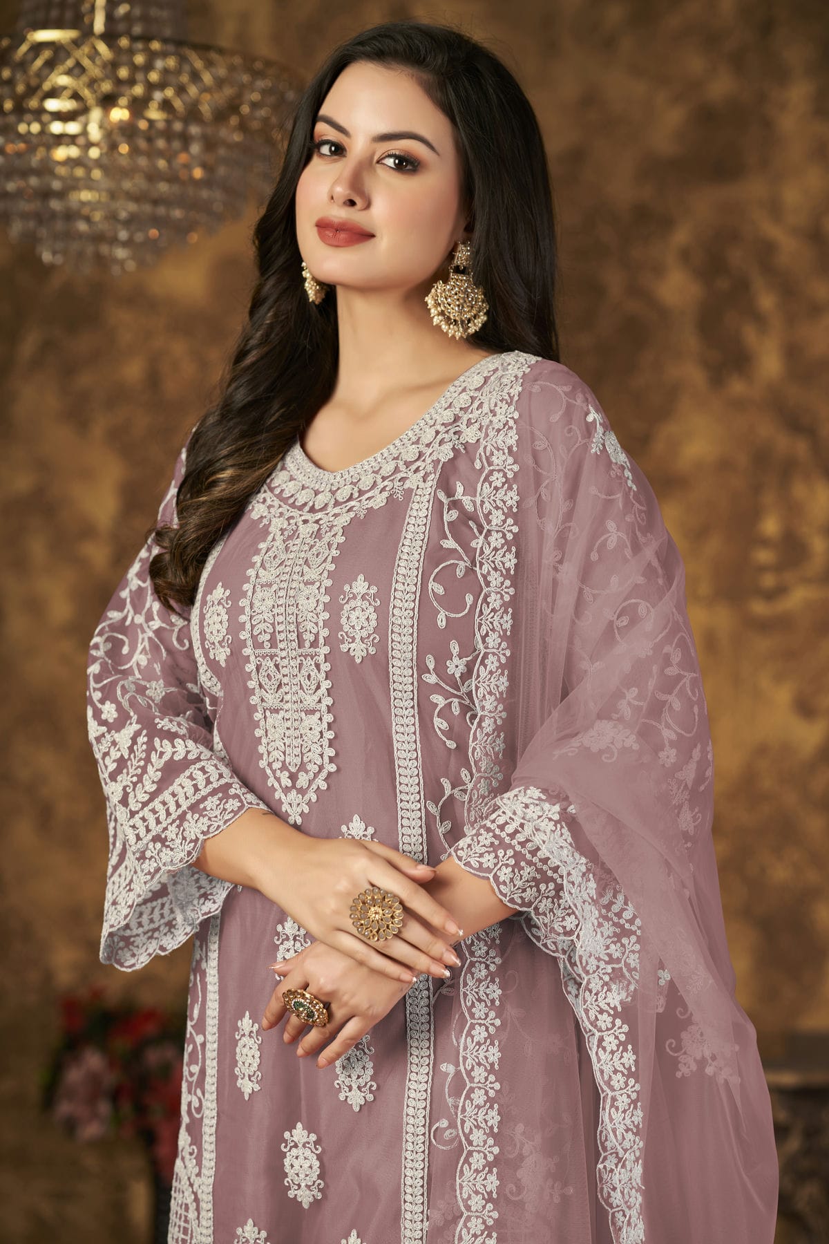 Mauve Colour Plazoo Pant Suit Net Semi Stitched VSSM1050530