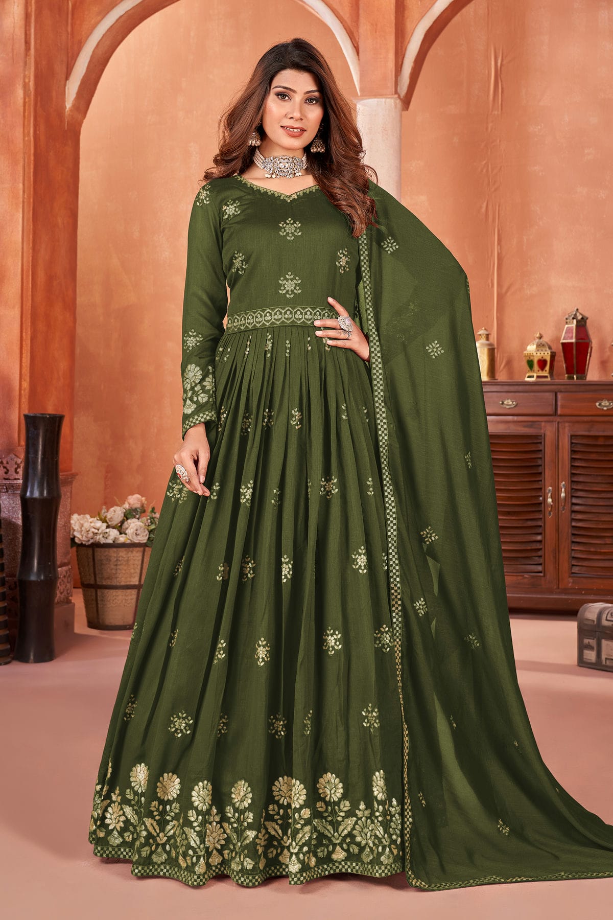 Mehendi Green Anarkali Suit Silk vastradi.com Mehendi Green Anarkali Suit Silk vastradi.com