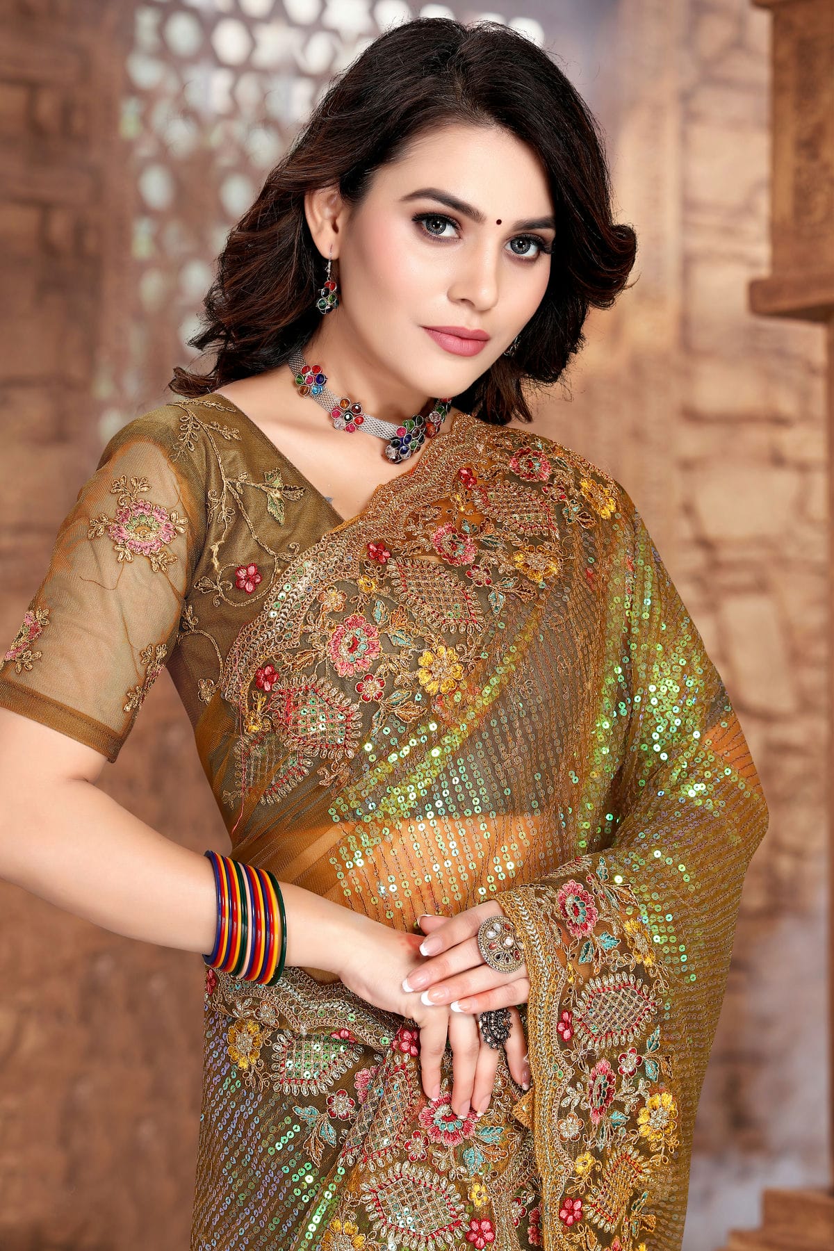 Mehendi Green Colour Net Designer Saree VSLC1121331